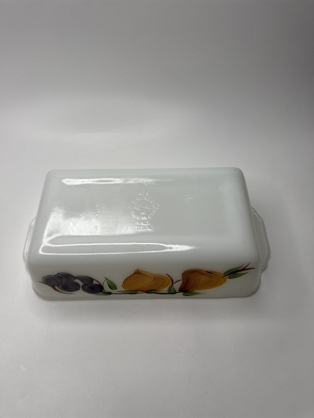 Anchor Hocking Fire King 9x5 1 Qt Loaf Pan Fruit Peaches Grapes #409 Milk Glass
