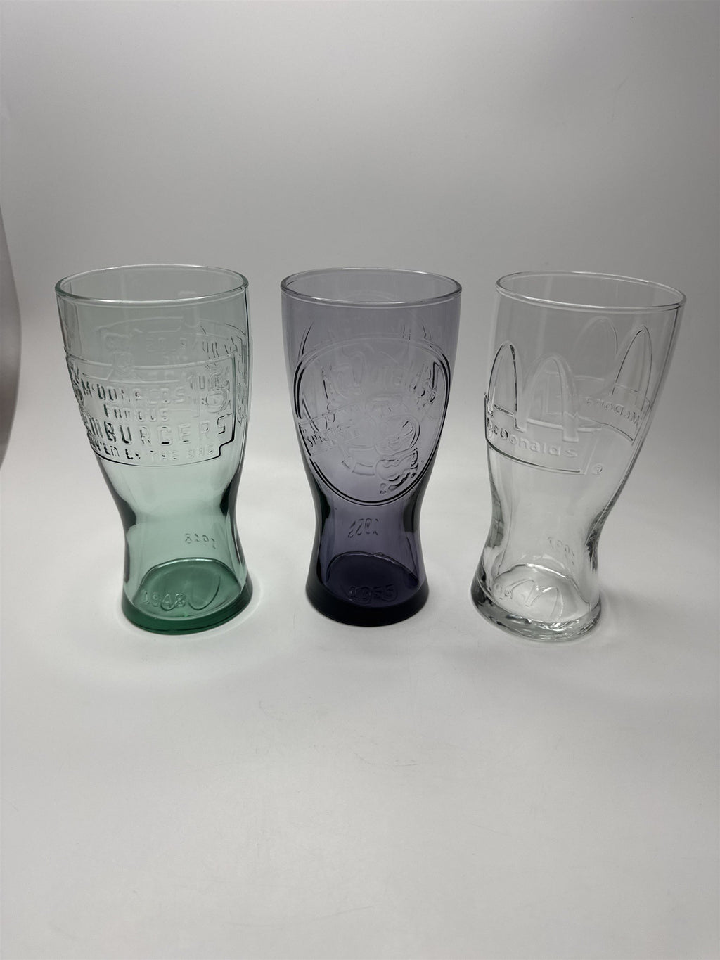 Set of 3 McDonalds Commerative Logo Arches Glasses: 1948, 1955, & 1992 NOS
