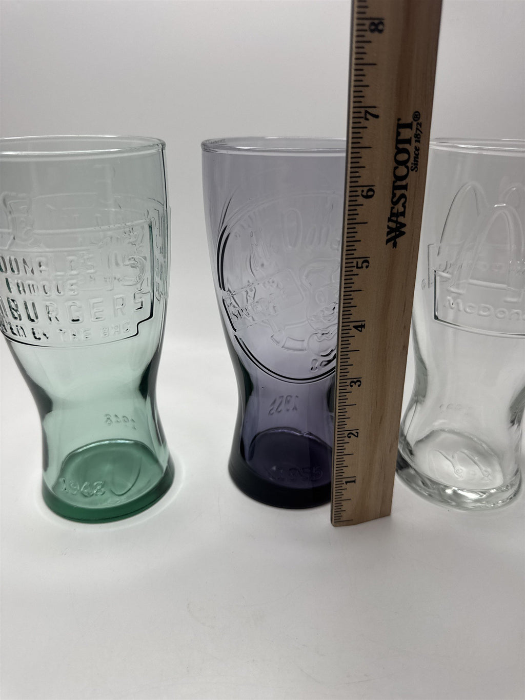 Set of 3 McDonalds Commerative Logo Arches Glasses: 1948, 1955, & 1992 NOS