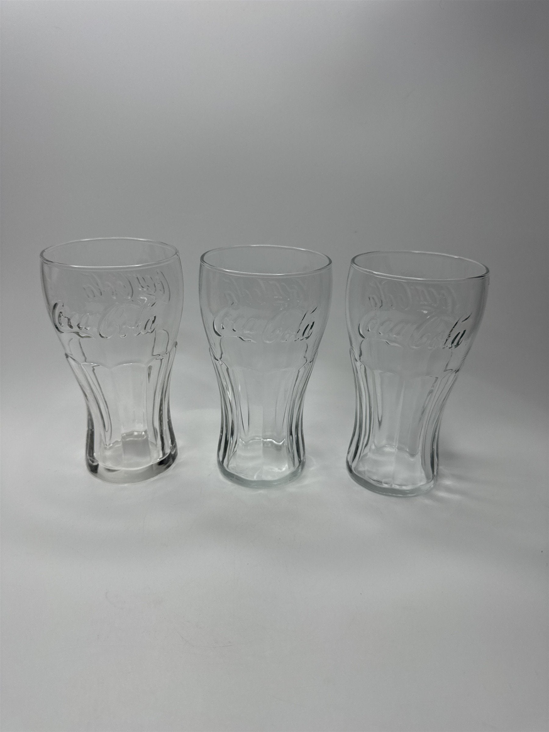 Set of 3 Coca Cola Clear Glass 6" Tall Drinking Glasses McDonalds Promo Vintage
