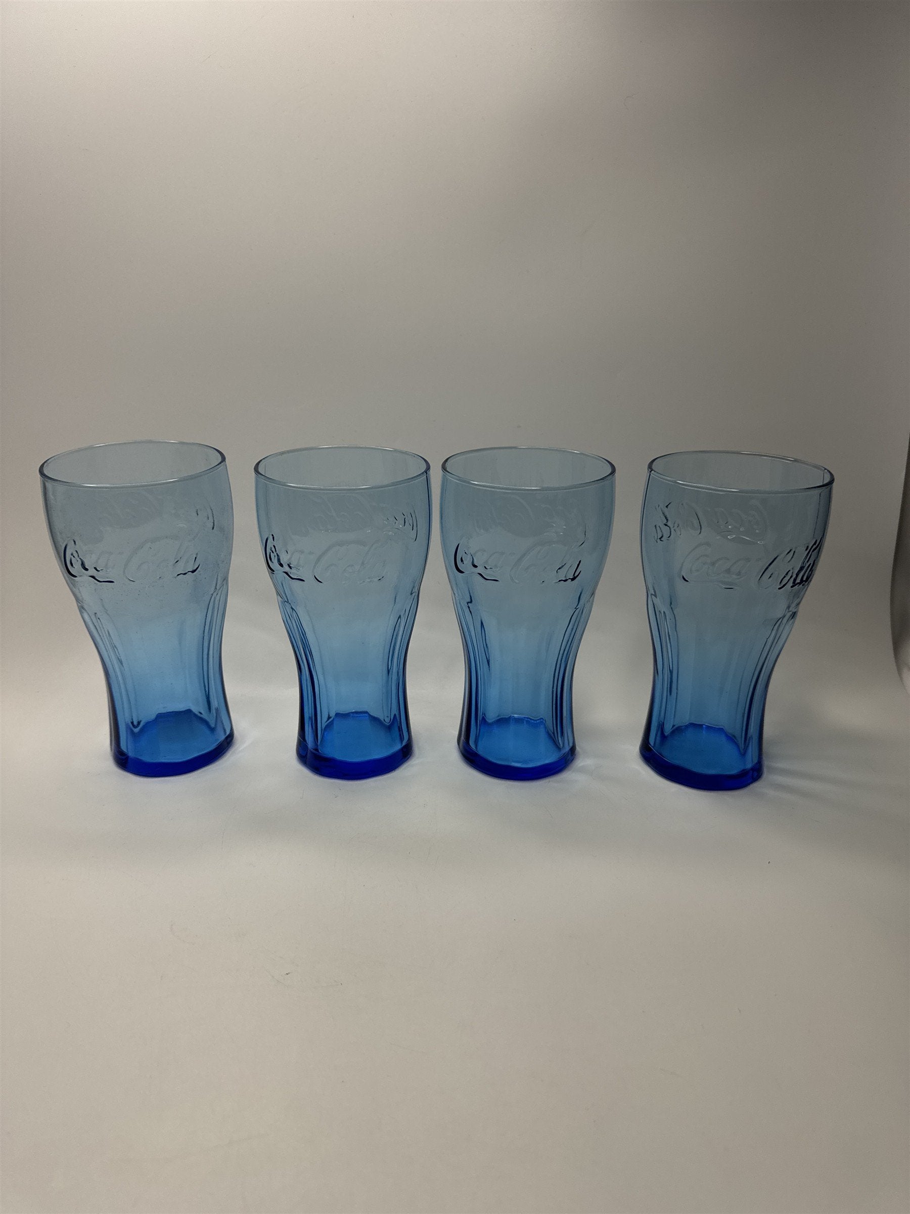 Set of 4 Coca Cola Cobalt Blue 6" Tall Drinking Glasses McDonalds Promo Vintage