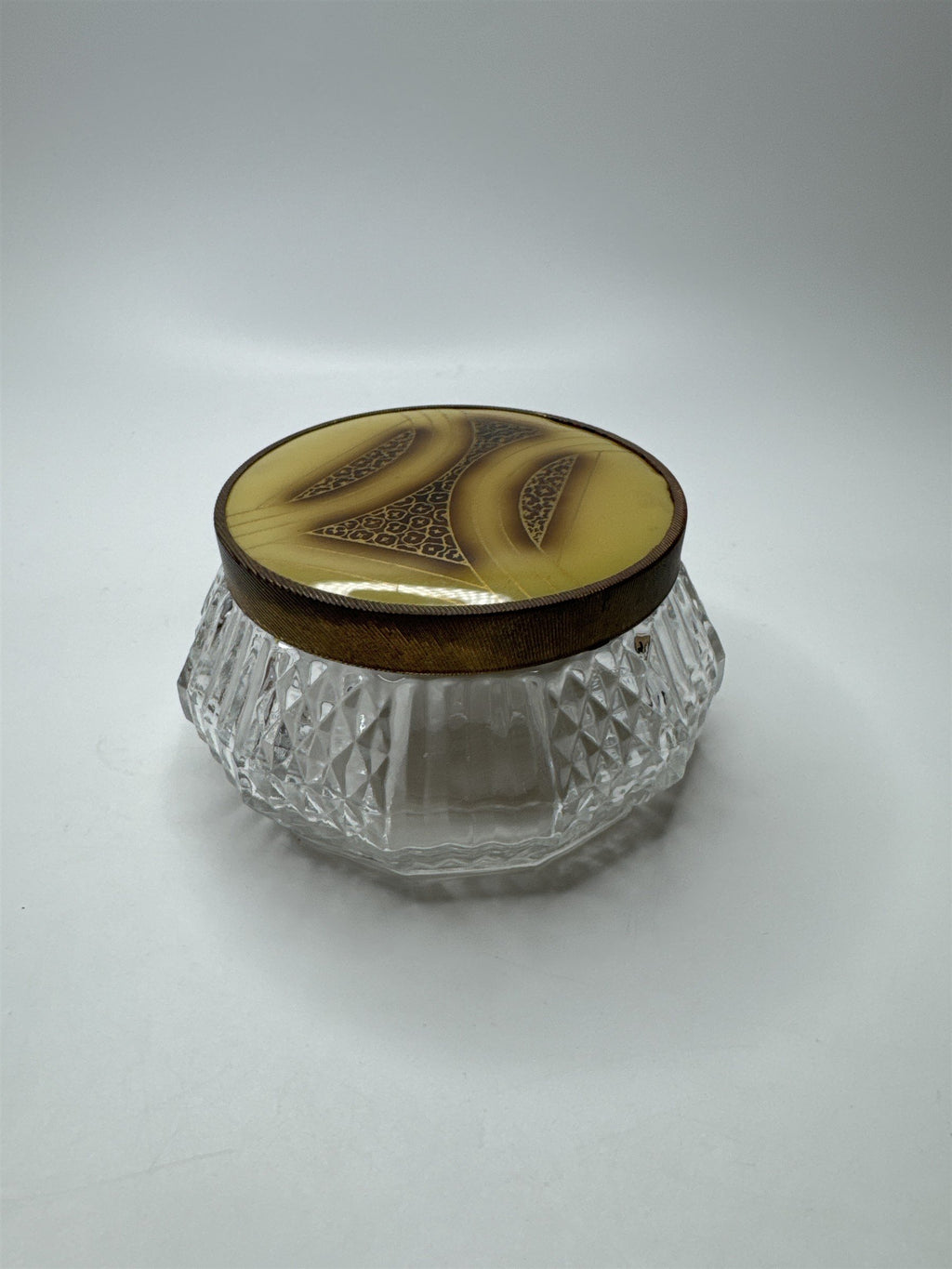 Vintage Glass and Gold Tone Metal Lid Vanity Dresser Powder Trinket Jar Leaf