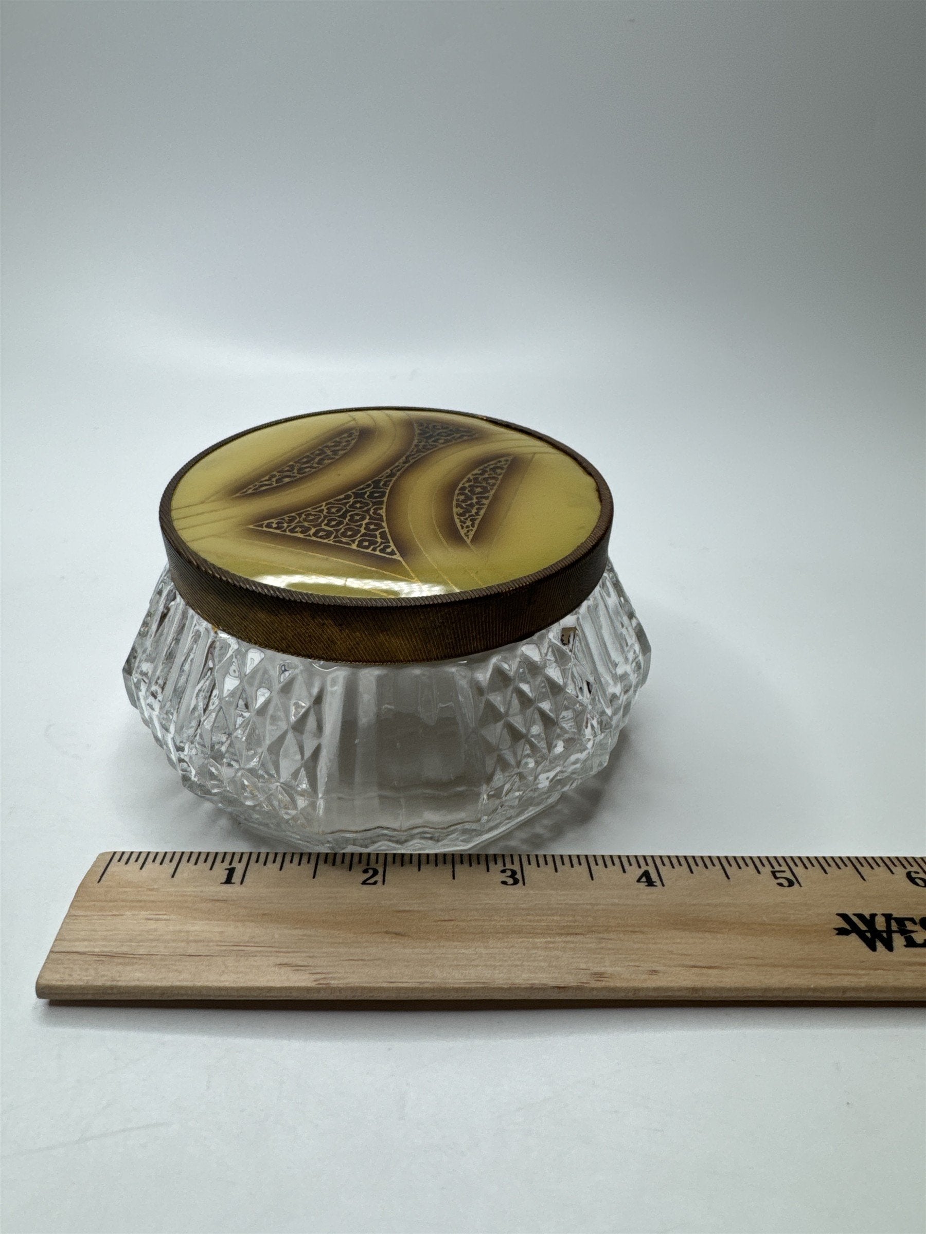 Vintage Glass and Gold Tone Metal Lid Vanity Dresser Powder Trinket Jar Leaf