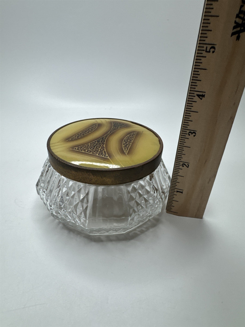 Vintage Glass and Gold Tone Metal Lid Vanity Dresser Powder Trinket Jar Leaf