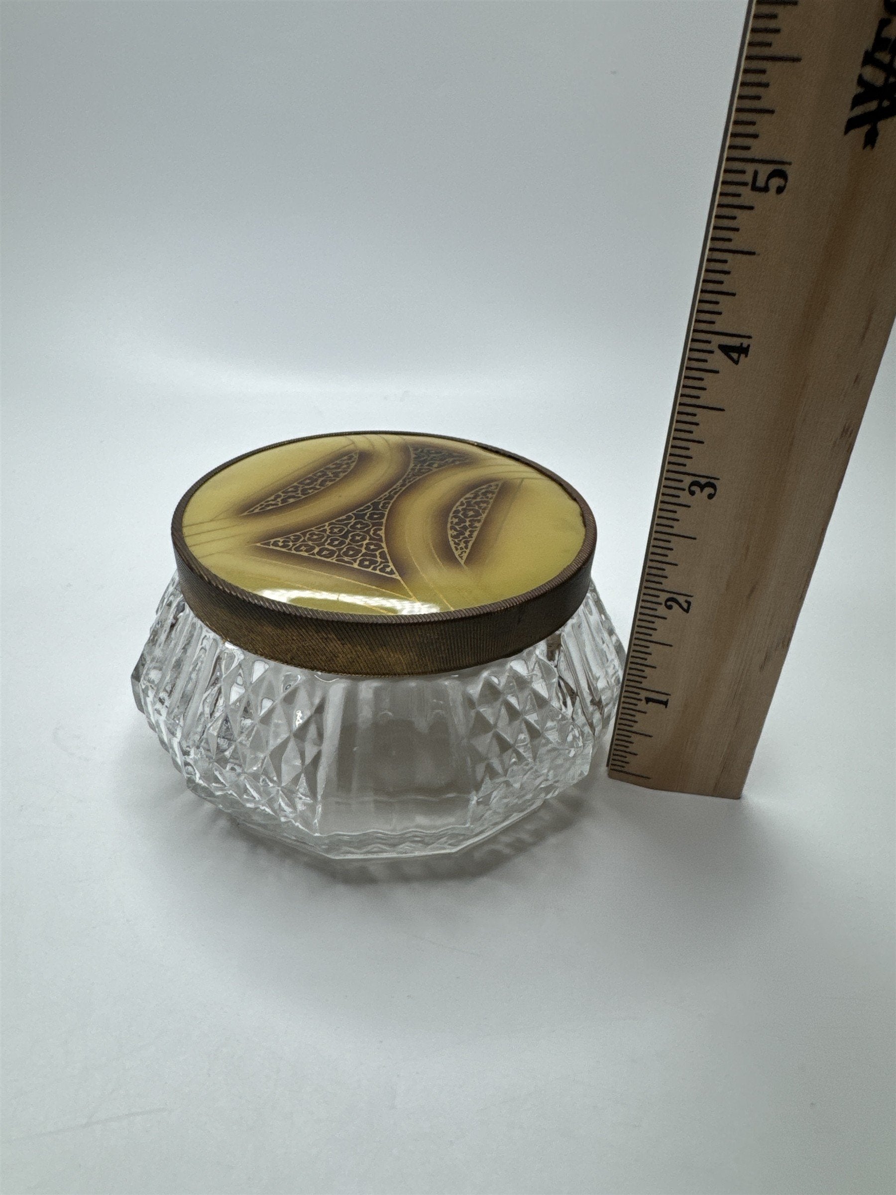 Vintage Glass and Gold Tone Metal Lid Vanity Dresser Powder Trinket Jar Leaf