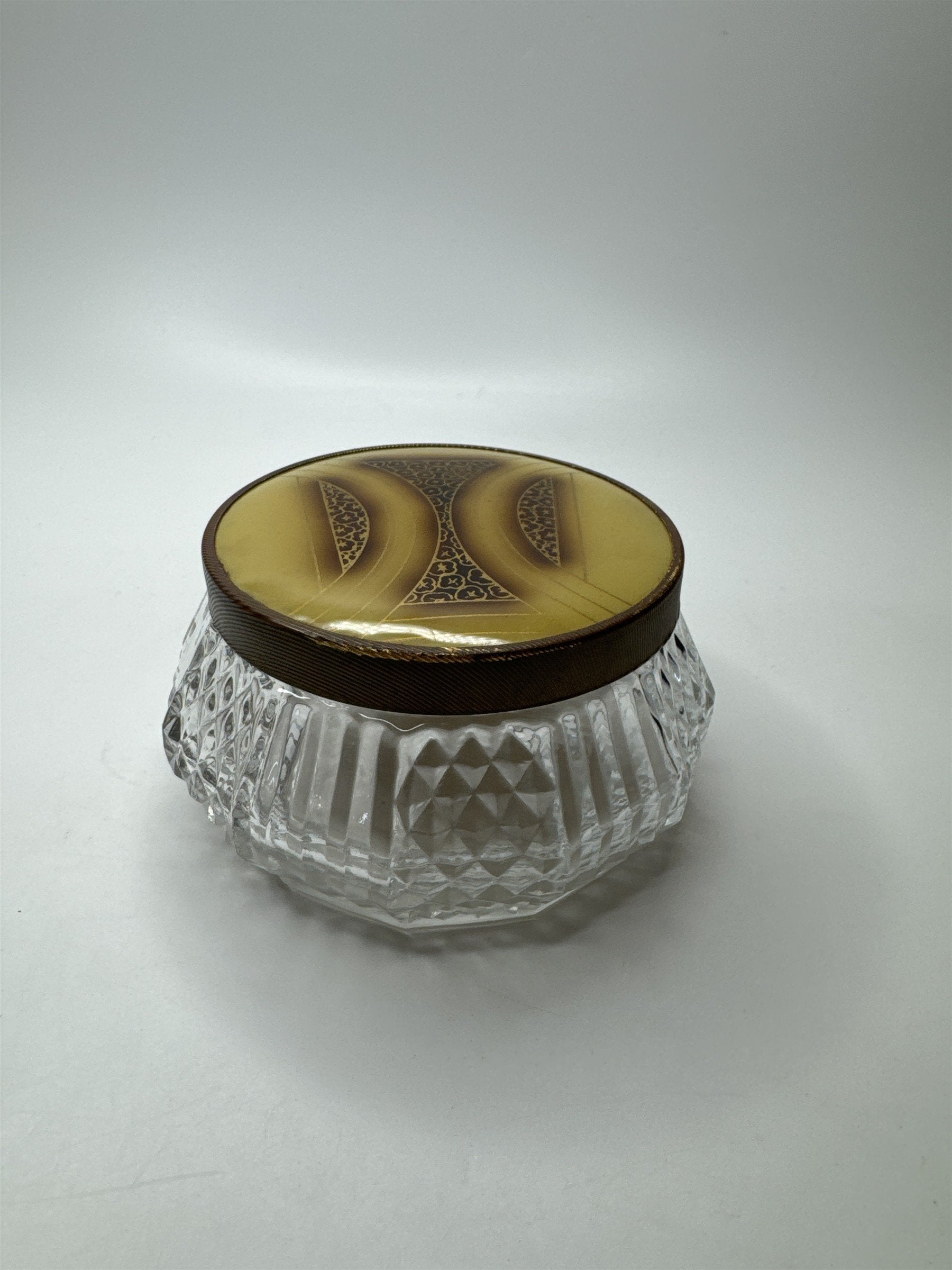 Vintage Glass and Gold Tone Metal Lid Vanity Dresser Powder Trinket Jar Leaf