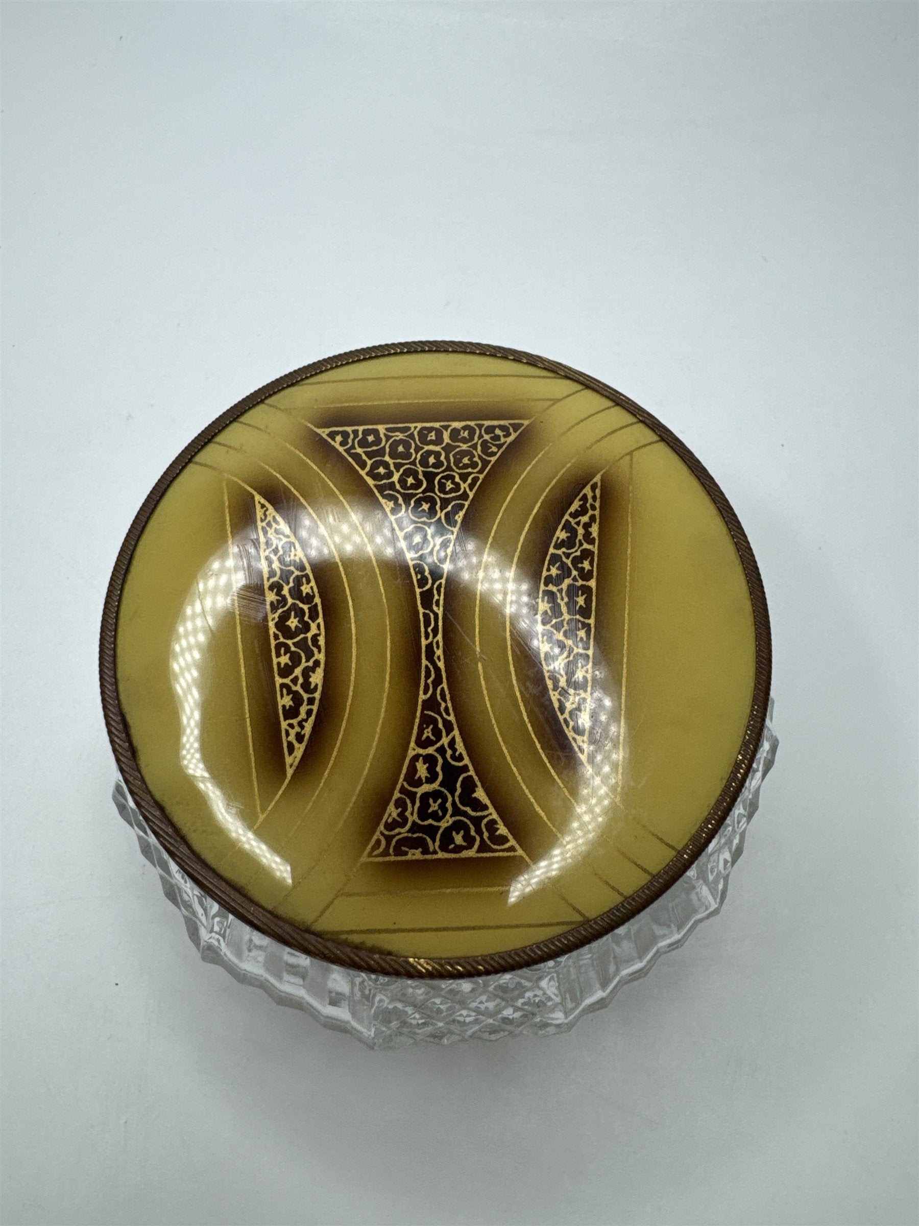 Vintage Glass and Gold Tone Metal Lid Vanity Dresser Powder Trinket Jar Leaf