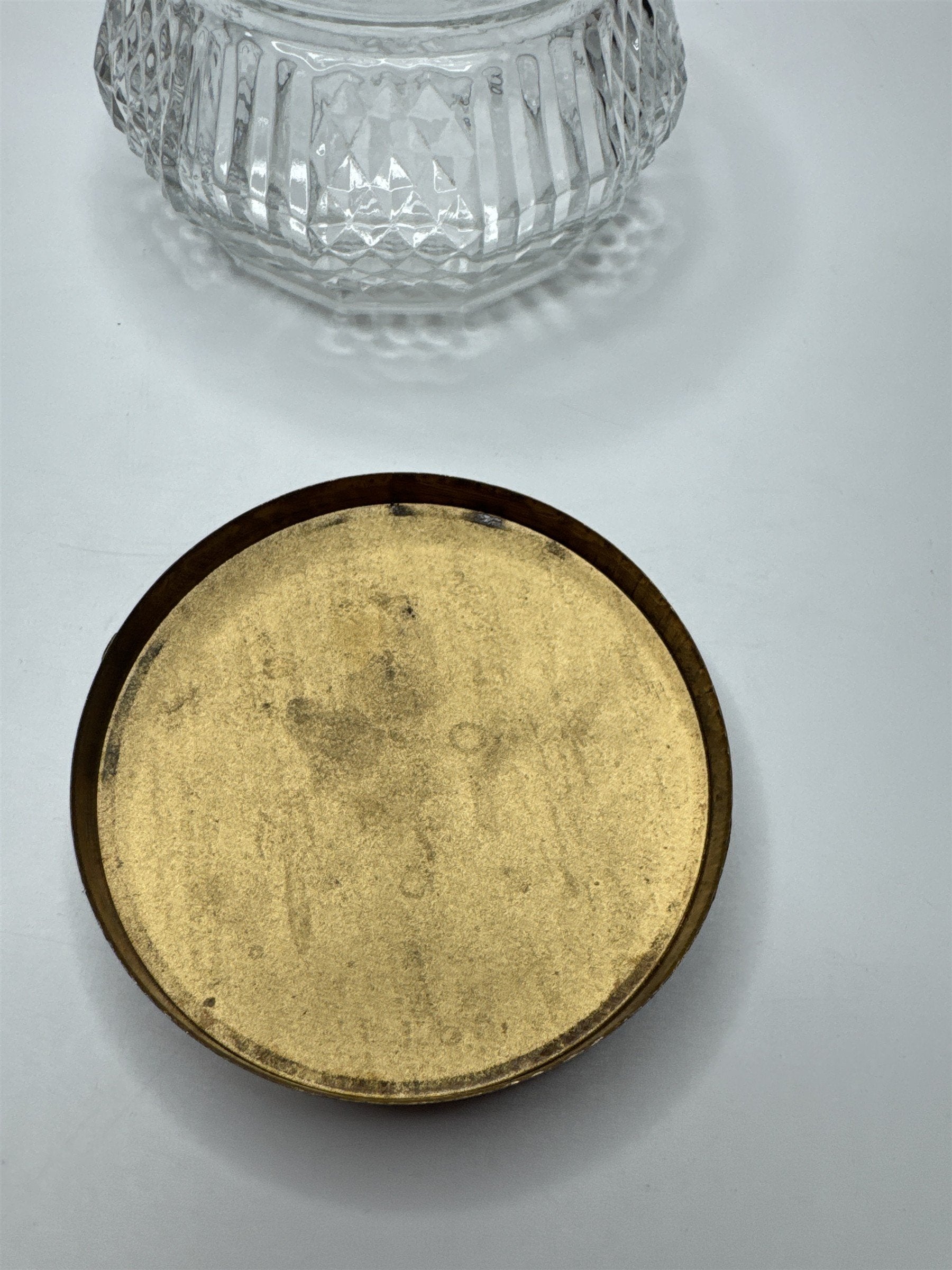 Vintage Glass and Gold Tone Metal Lid Vanity Dresser Powder Trinket Jar Leaf