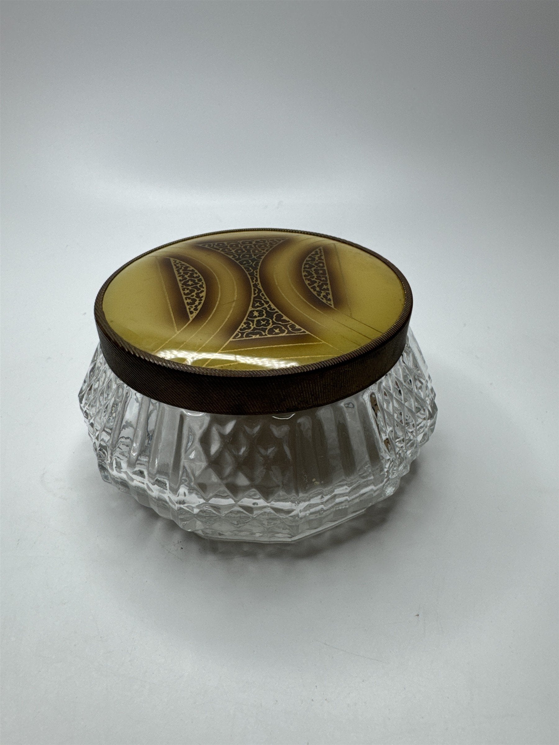 Vintage Glass and Gold Tone Metal Lid Vanity Dresser Powder Trinket Jar Leaf