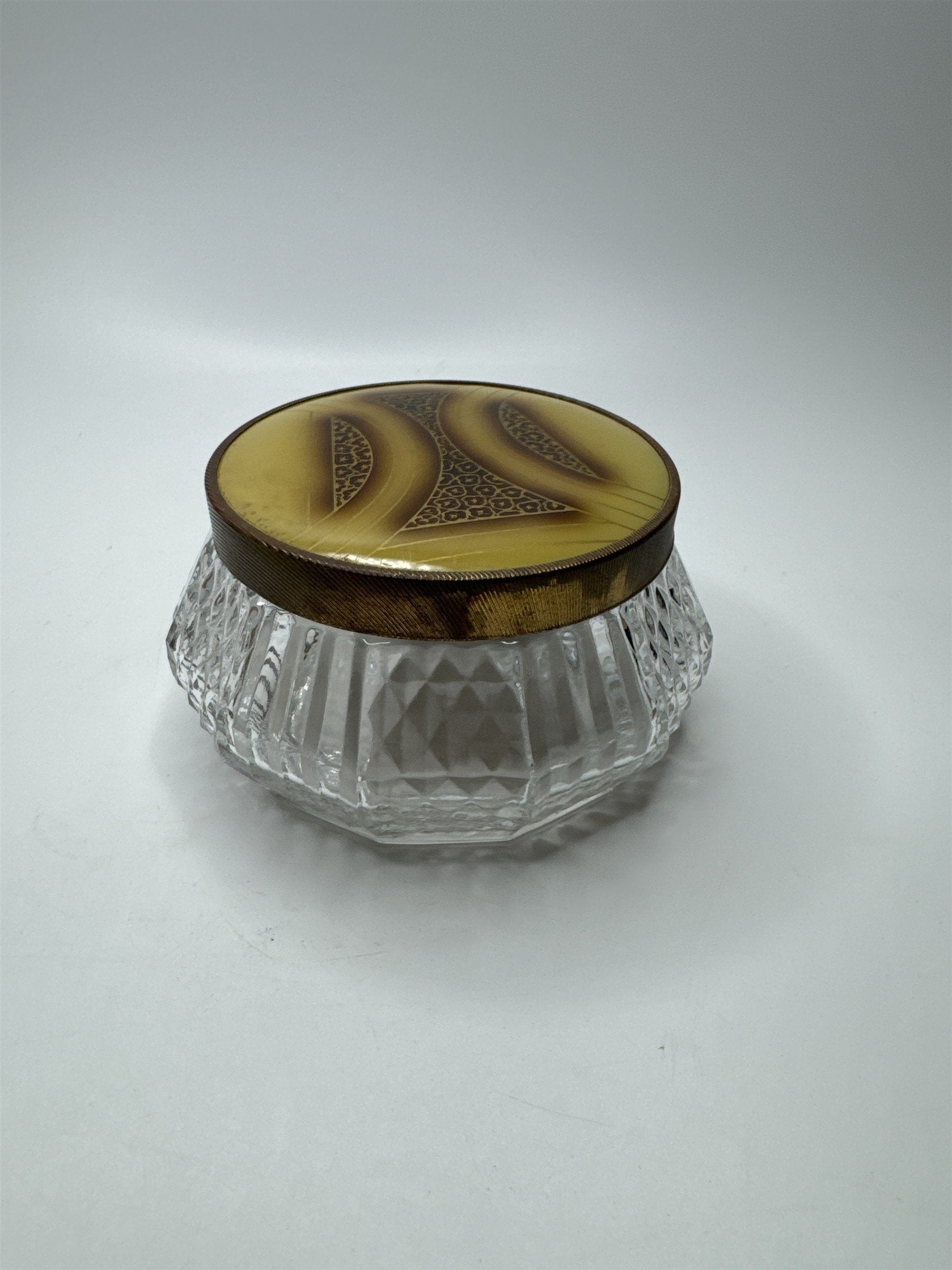 Vintage Glass and Gold Tone Metal Lid Vanity Dresser Powder Trinket Jar Leaf