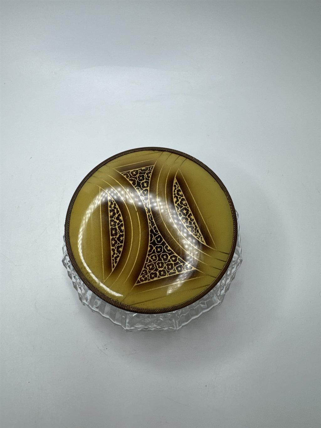 Vintage Glass and Gold Tone Metal Lid Vanity Dresser Powder Trinket Jar Leaf