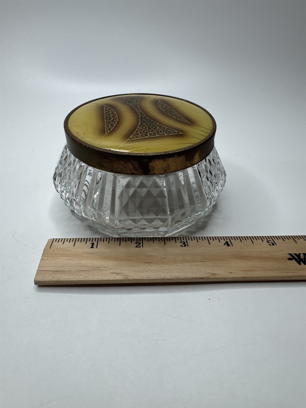 Vintage Glass and Gold Tone Metal Lid Vanity Dresser Powder Trinket Jar Leaf