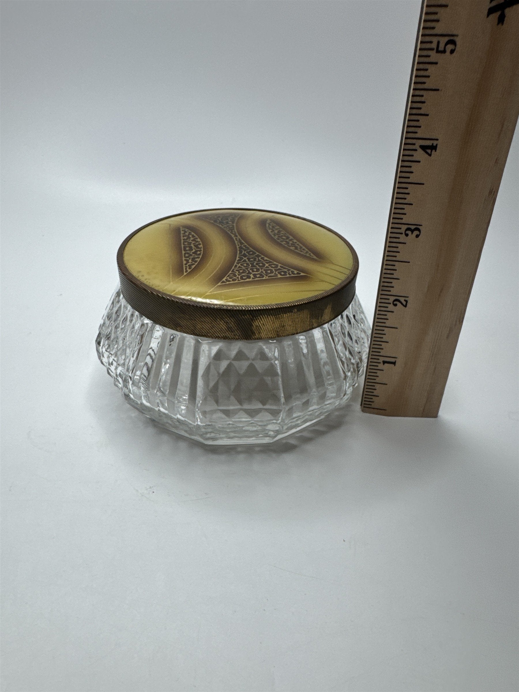Vintage Glass and Gold Tone Metal Lid Vanity Dresser Powder Trinket Jar Leaf