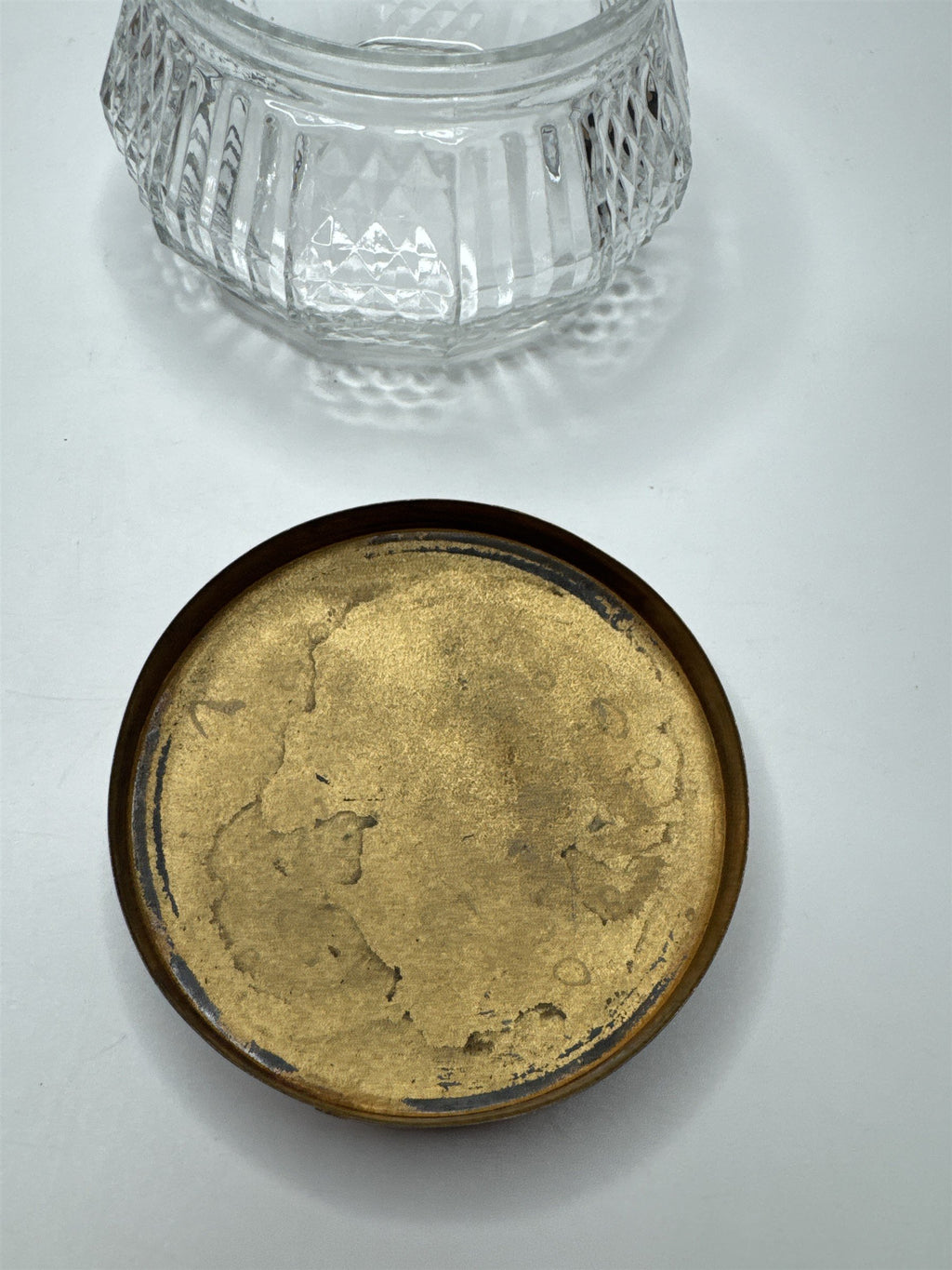 Vintage Glass and Gold Tone Metal Lid Vanity Dresser Powder Trinket Jar Leaf