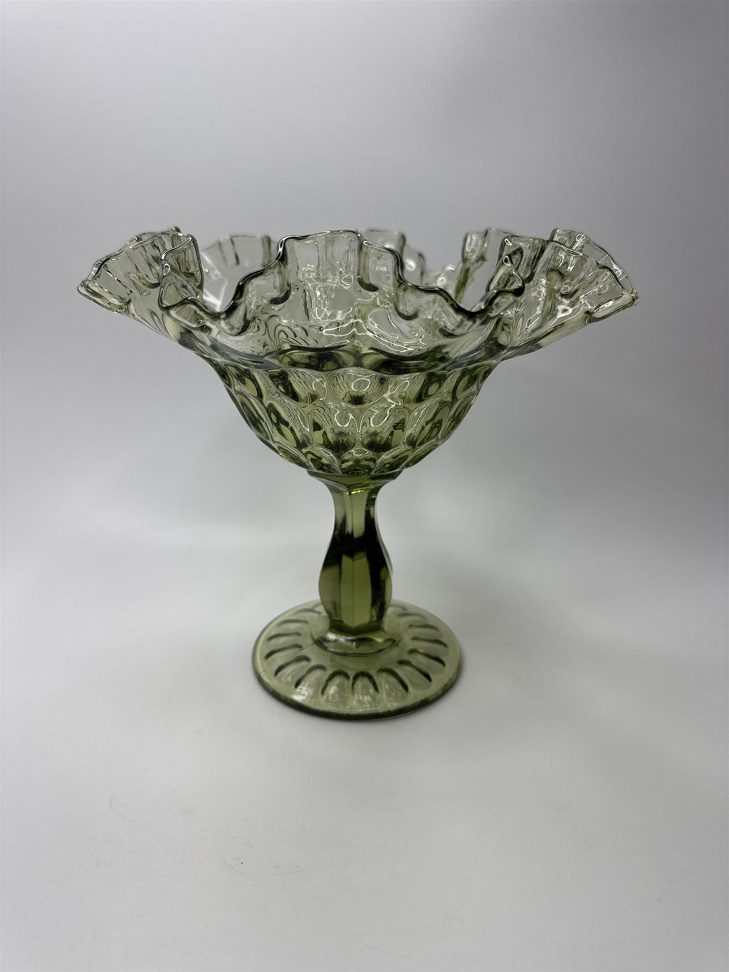 Fenton Colonial Green Glass Thumb Print Ruffled Edge Compote 7-1/2" Tall VGC