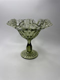Fenton Colonial Green Glass Thumb Print Ruffled Edge Compote 7-1/2" Tall VGC