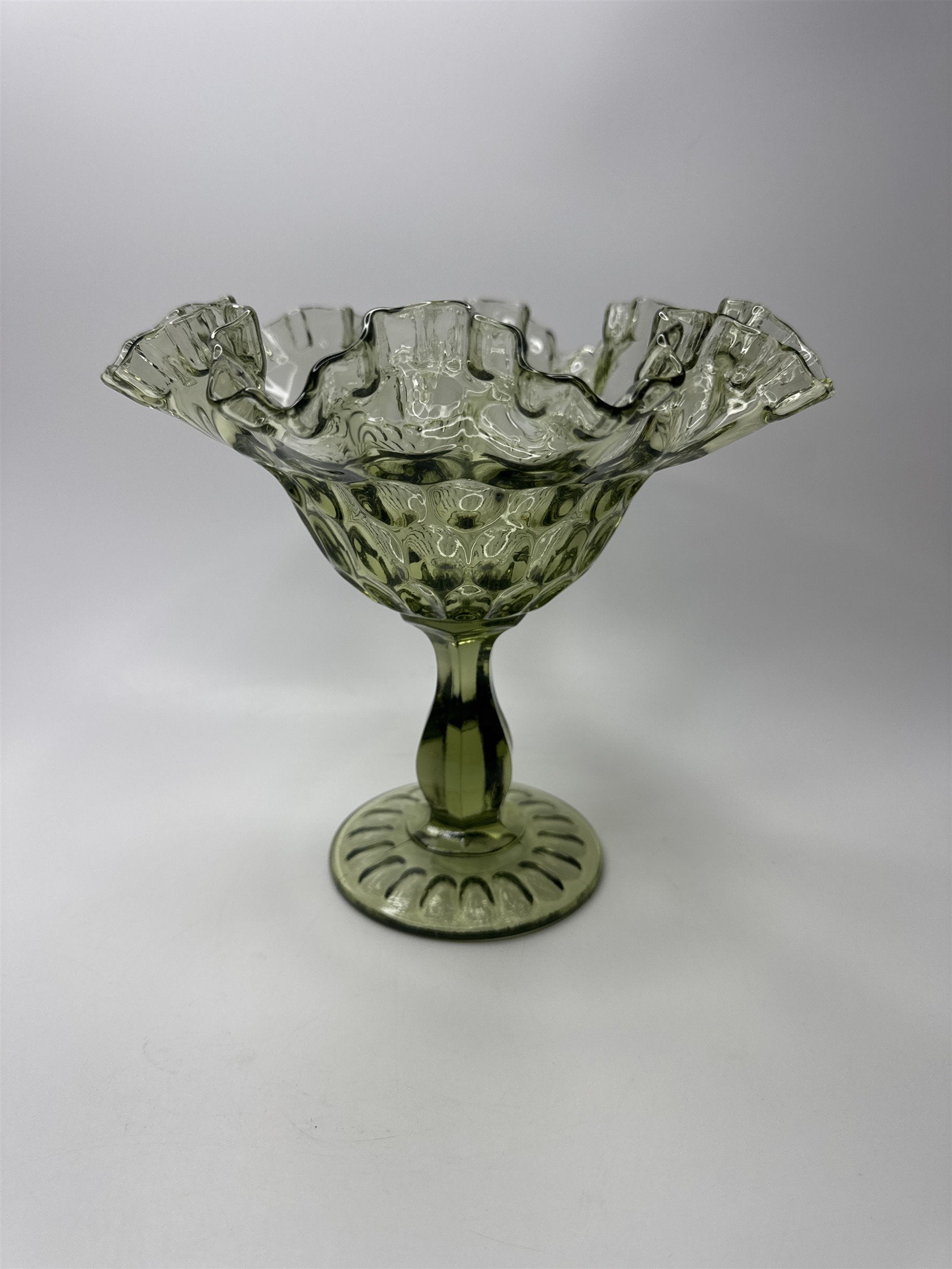 Fenton Colonial Green Glass Thumb Print Ruffled Edge Compote 7-1/2" Tall VGC