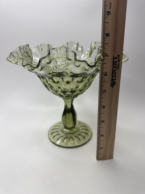 Fenton Colonial Green Glass Thumb Print Ruffled Edge Compote 7-1/2" Tall VGC