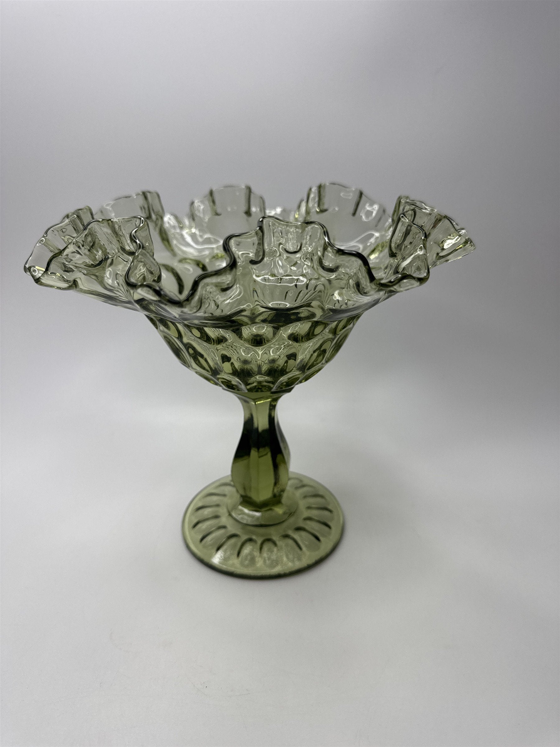 Fenton Colonial Green Glass Thumb Print Ruffled Edge Compote 7-1/2" Tall VGC