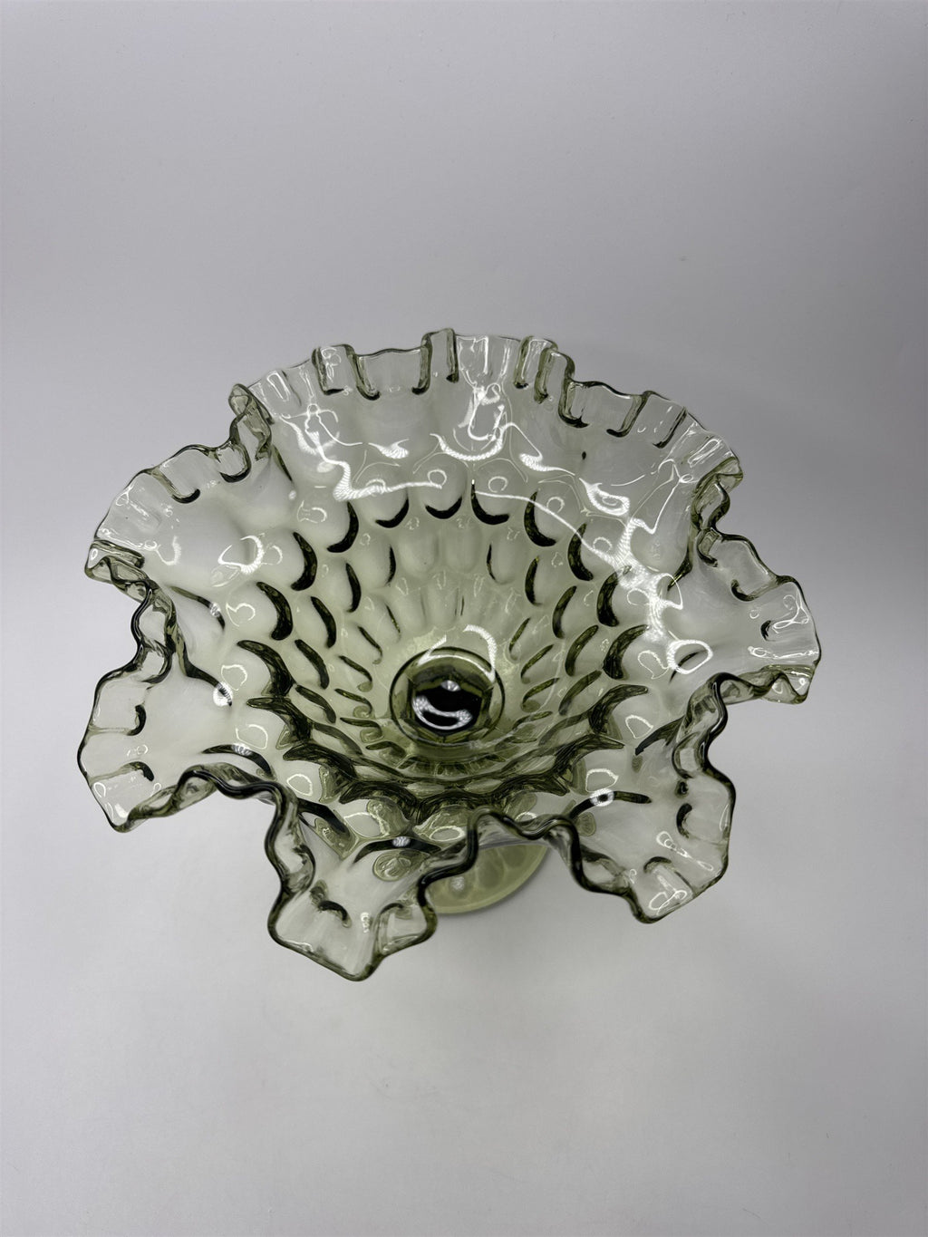 Fenton Colonial Green Glass Thumb Print Ruffled Edge Compote 7-1/2" Tall VGC