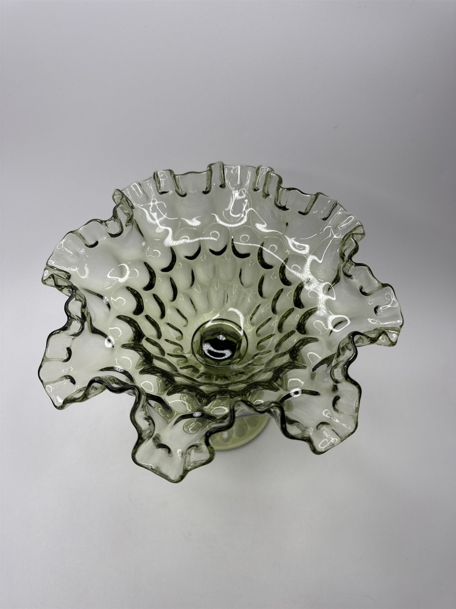 Fenton Colonial Green Glass Thumb Print Ruffled Edge Compote 7-1/2" Tall VGC