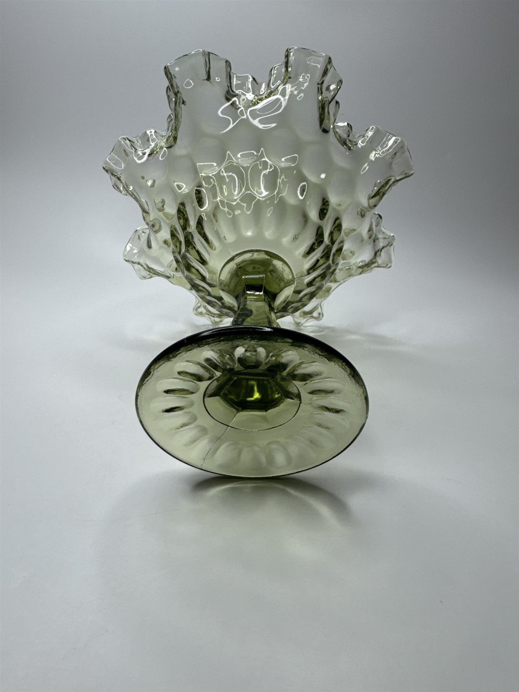 Fenton Colonial Green Glass Thumb Print Ruffled Edge Compote 7-1/2" Tall VGC