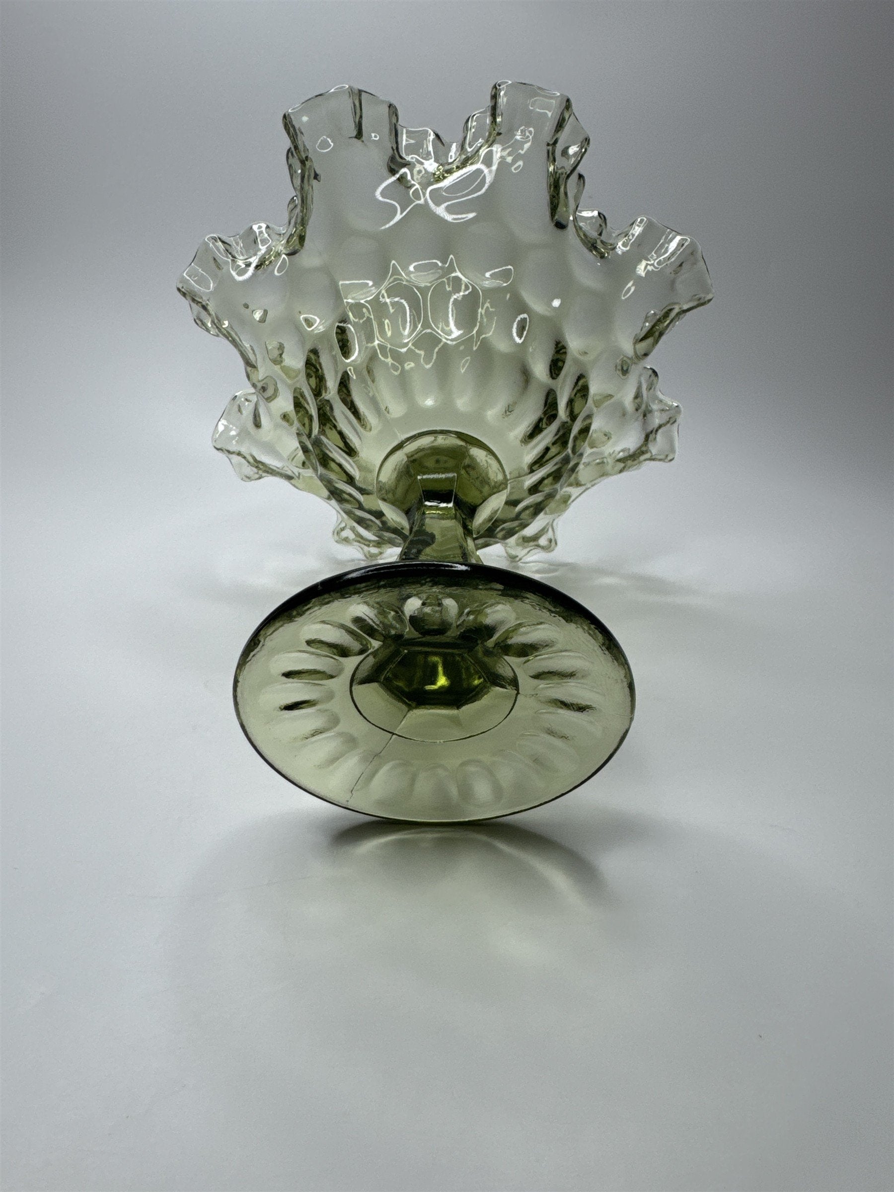 Fenton Colonial Green Glass Thumb Print Ruffled Edge Compote 7-1/2" Tall VGC