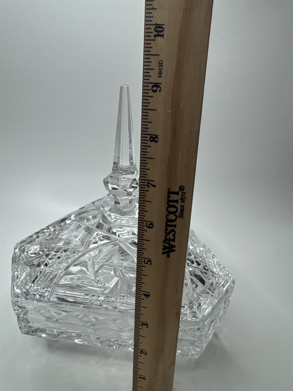 Vintage Elegant Crystal Lidded Candy Dish 3 Footed Triangle Tall Finial Beauty