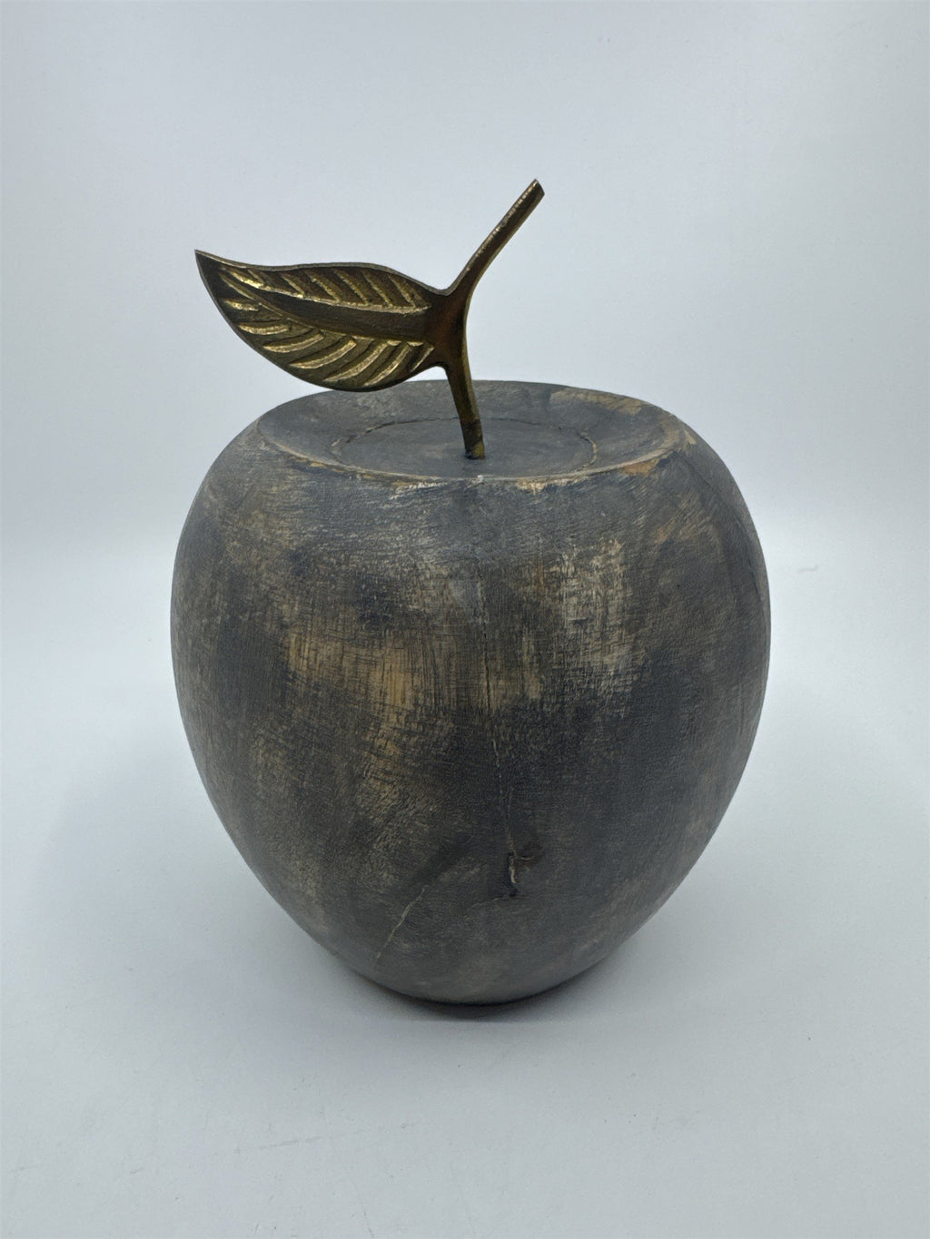 Wooden Carved Apple Decor Piece W/ Gold Metal Stem Farmhouse/Kitchen/Teacher