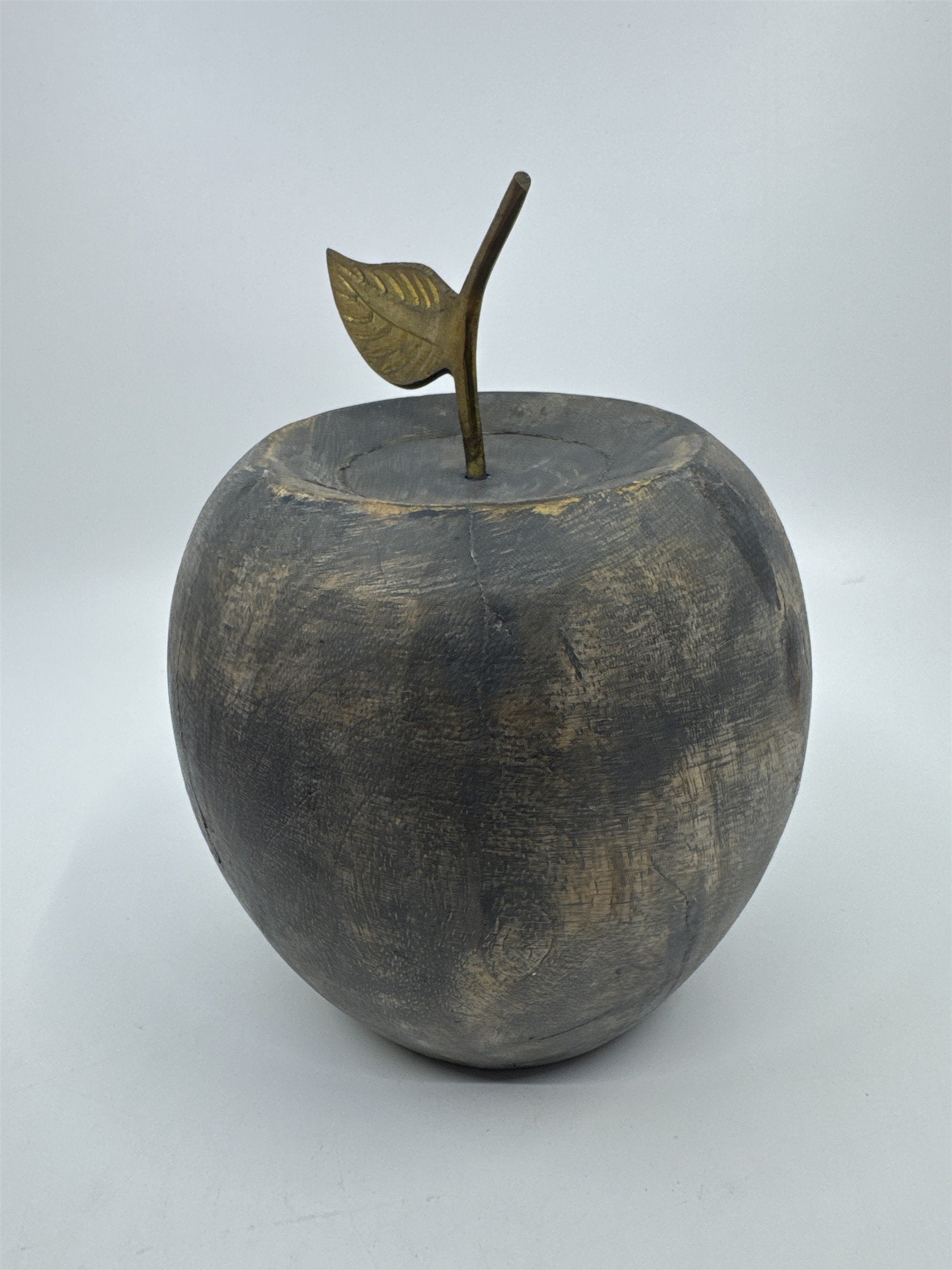 Wooden Carved Apple Decor Piece W/ Gold Metal Stem Farmhouse/Kitchen/Teacher