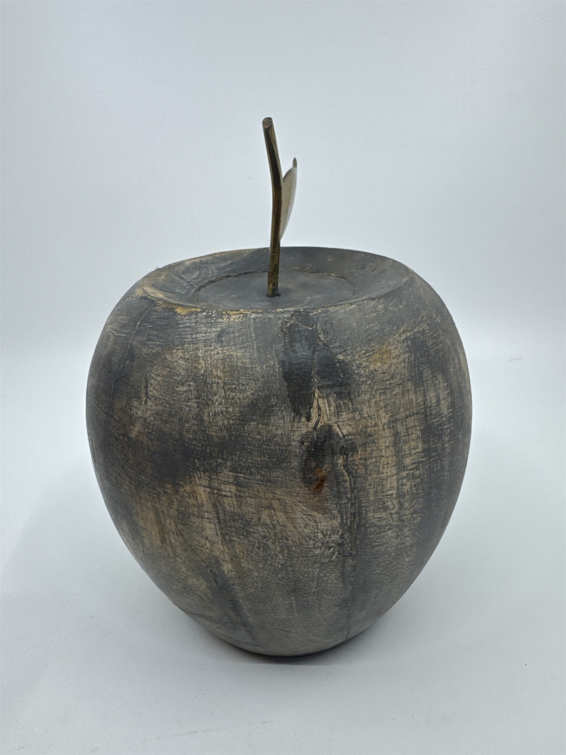 Wooden Carved Apple Decor Piece W/ Gold Metal Stem Farmhouse/Kitchen/Teacher