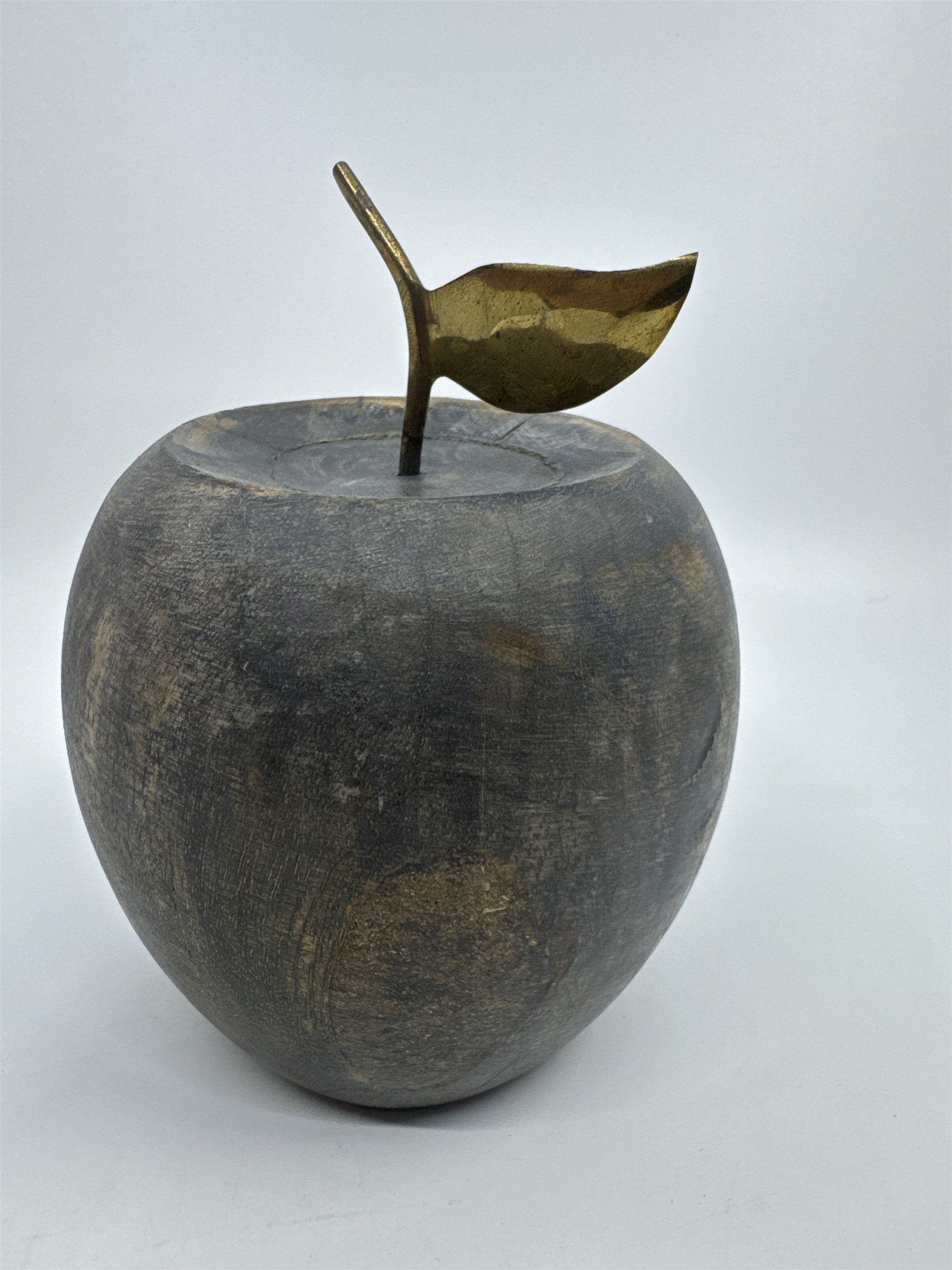 Wooden Carved Apple Decor Piece W/ Gold Metal Stem Farmhouse/Kitchen/Teacher