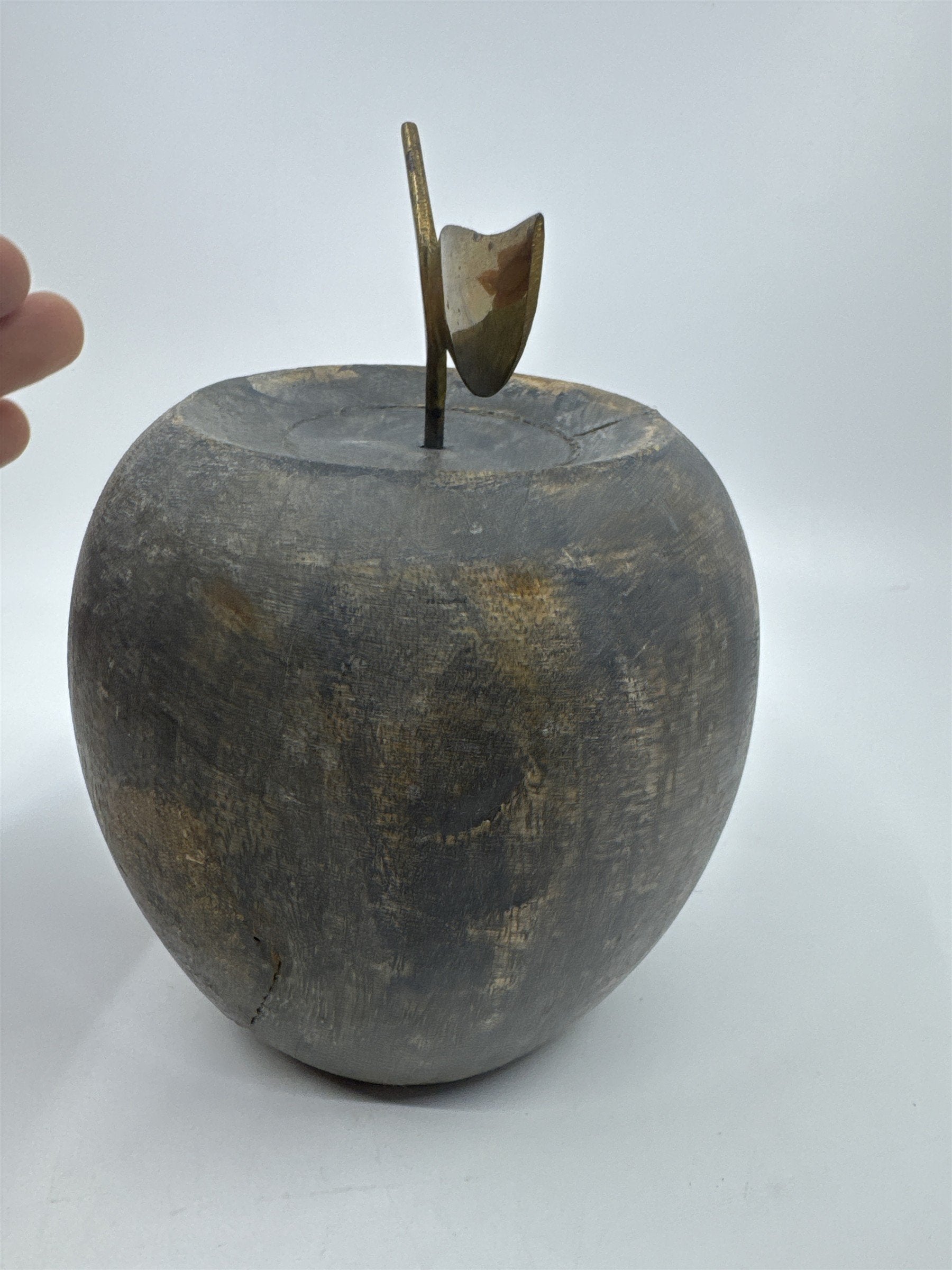 Wooden Carved Apple Decor Piece W/ Gold Metal Stem Farmhouse/Kitchen/Teacher