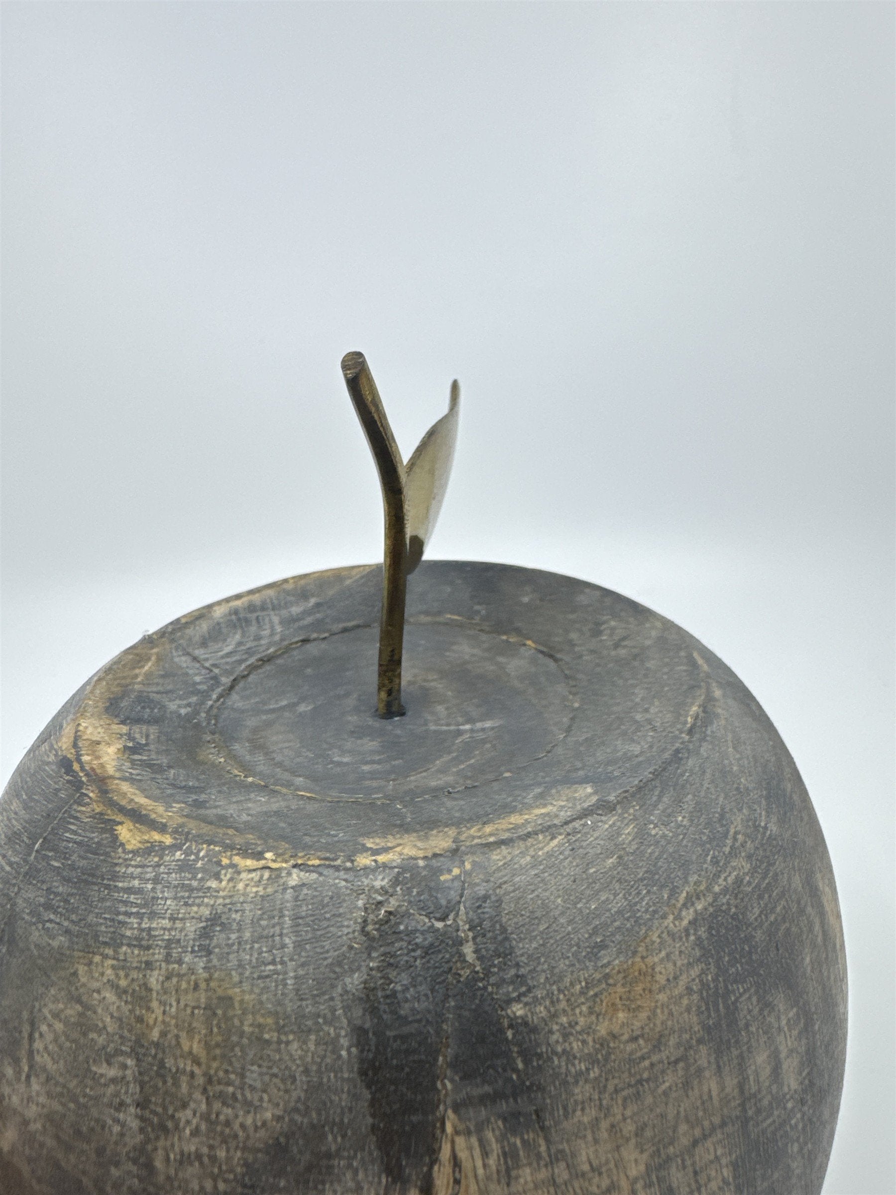 Wooden Carved Apple Decor Piece W/ Gold Metal Stem Farmhouse/Kitchen/Teacher