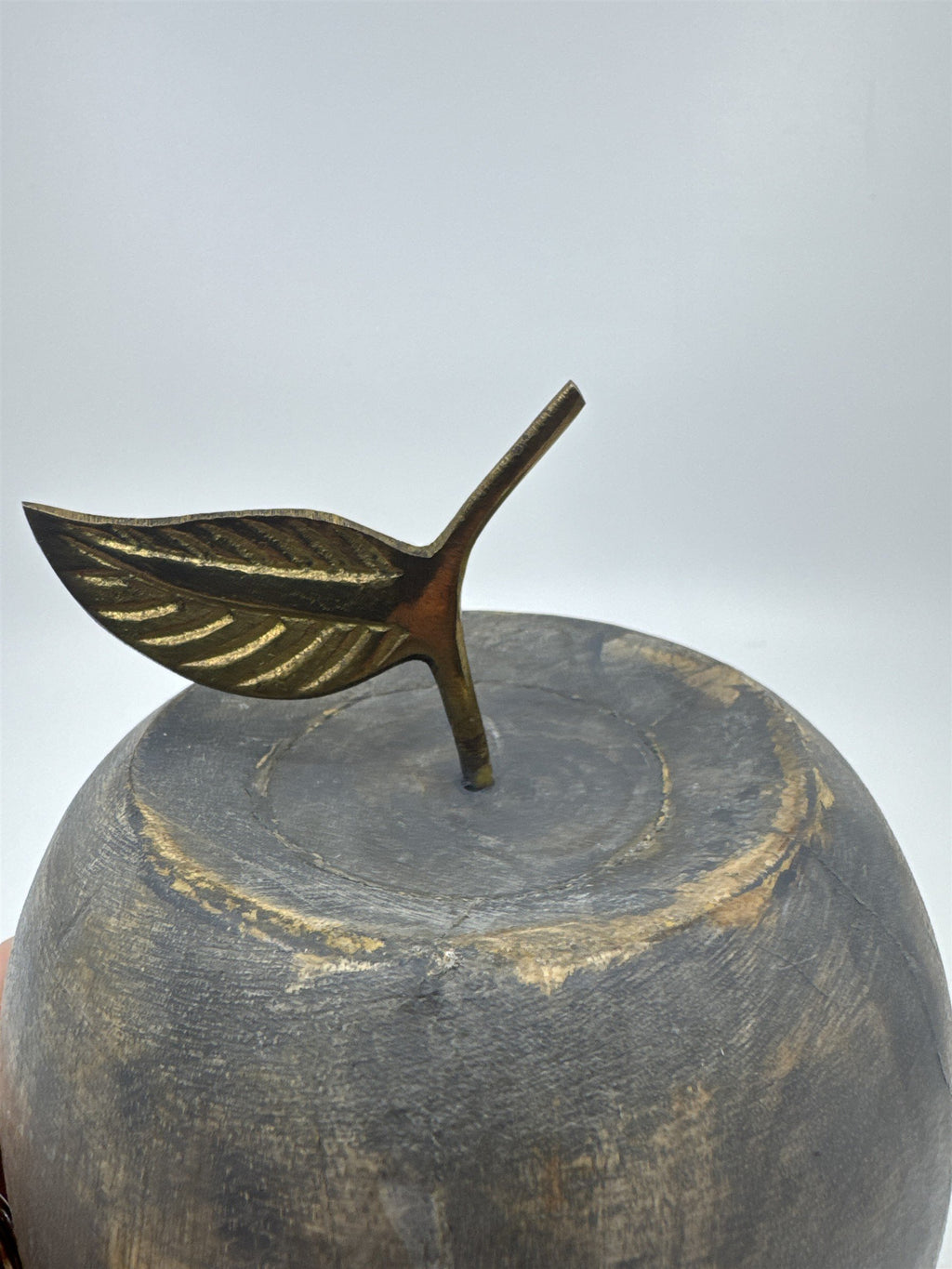 Wooden Carved Apple Decor Piece W/ Gold Metal Stem Farmhouse/Kitchen/Teacher