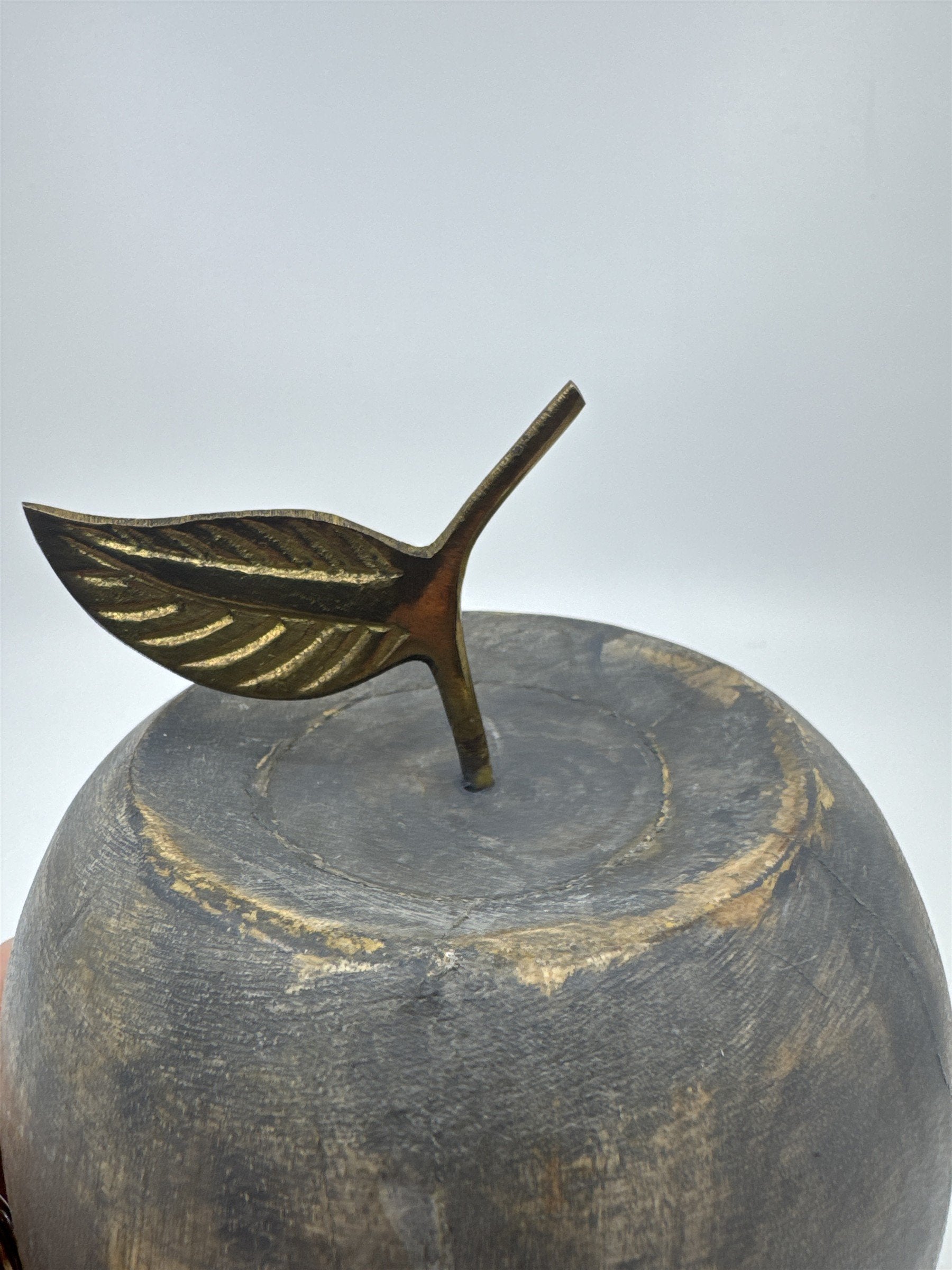 Wooden Carved Apple Decor Piece W/ Gold Metal Stem Farmhouse/Kitchen/Teacher