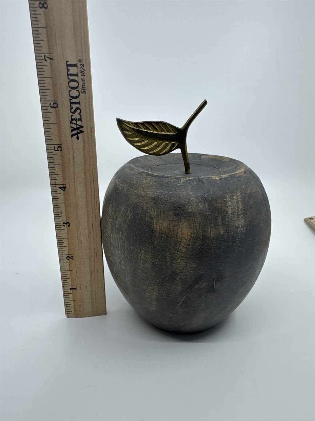 Wooden Carved Apple Decor Piece W/ Gold Metal Stem Farmhouse/Kitchen/Teacher