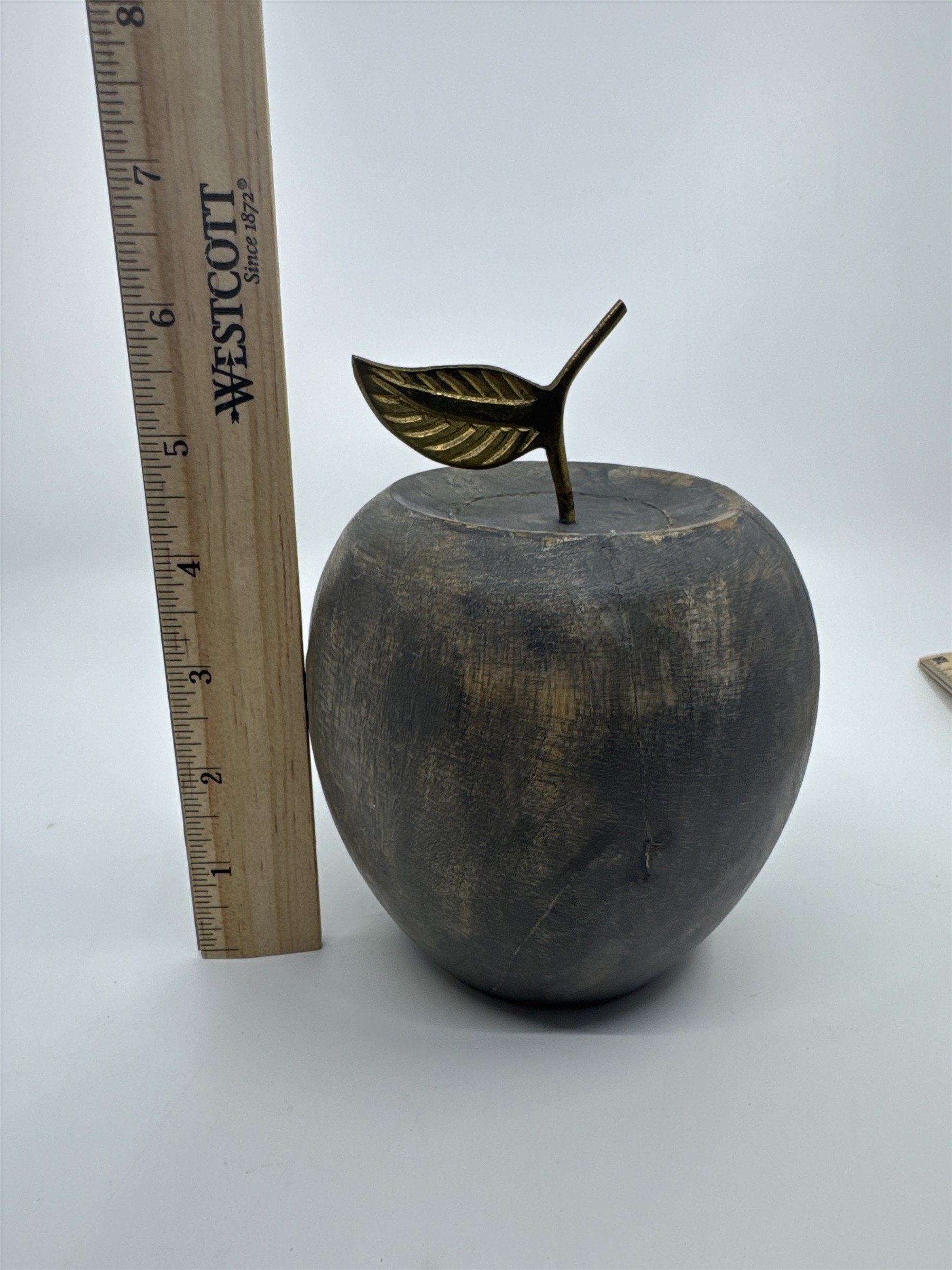Wooden Carved Apple Decor Piece W/ Gold Metal Stem Farmhouse/Kitchen/Teacher