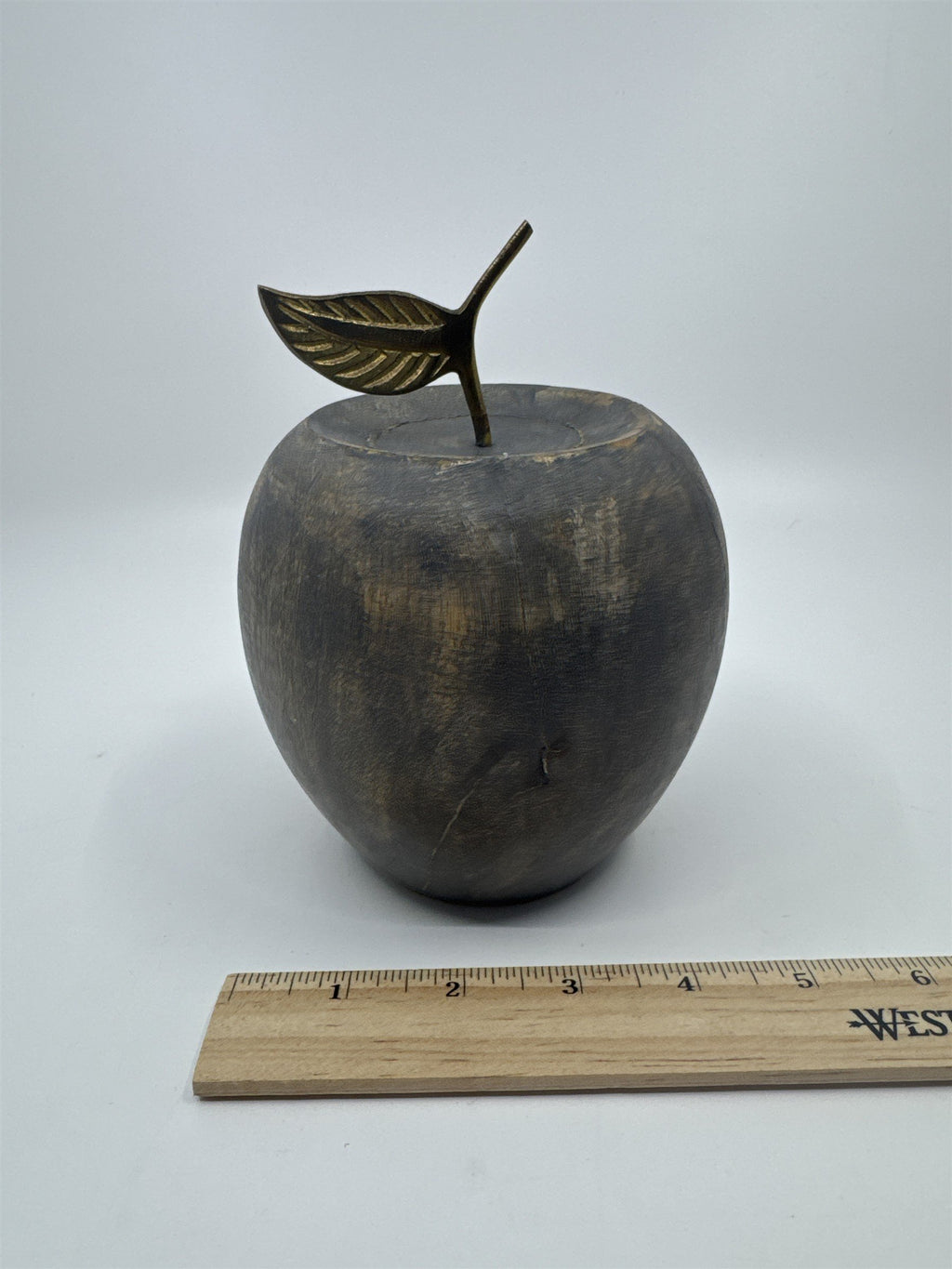 Wooden Carved Apple Decor Piece W/ Gold Metal Stem Farmhouse/Kitchen/Teacher