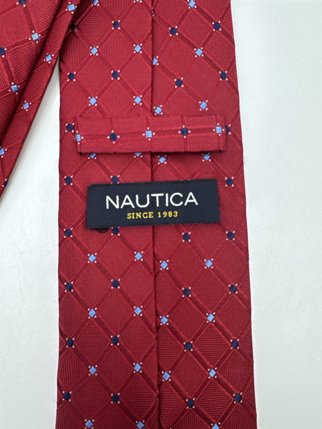 Nautica Since 1983 Red Men's Neck Tie With Small Blue Squares
