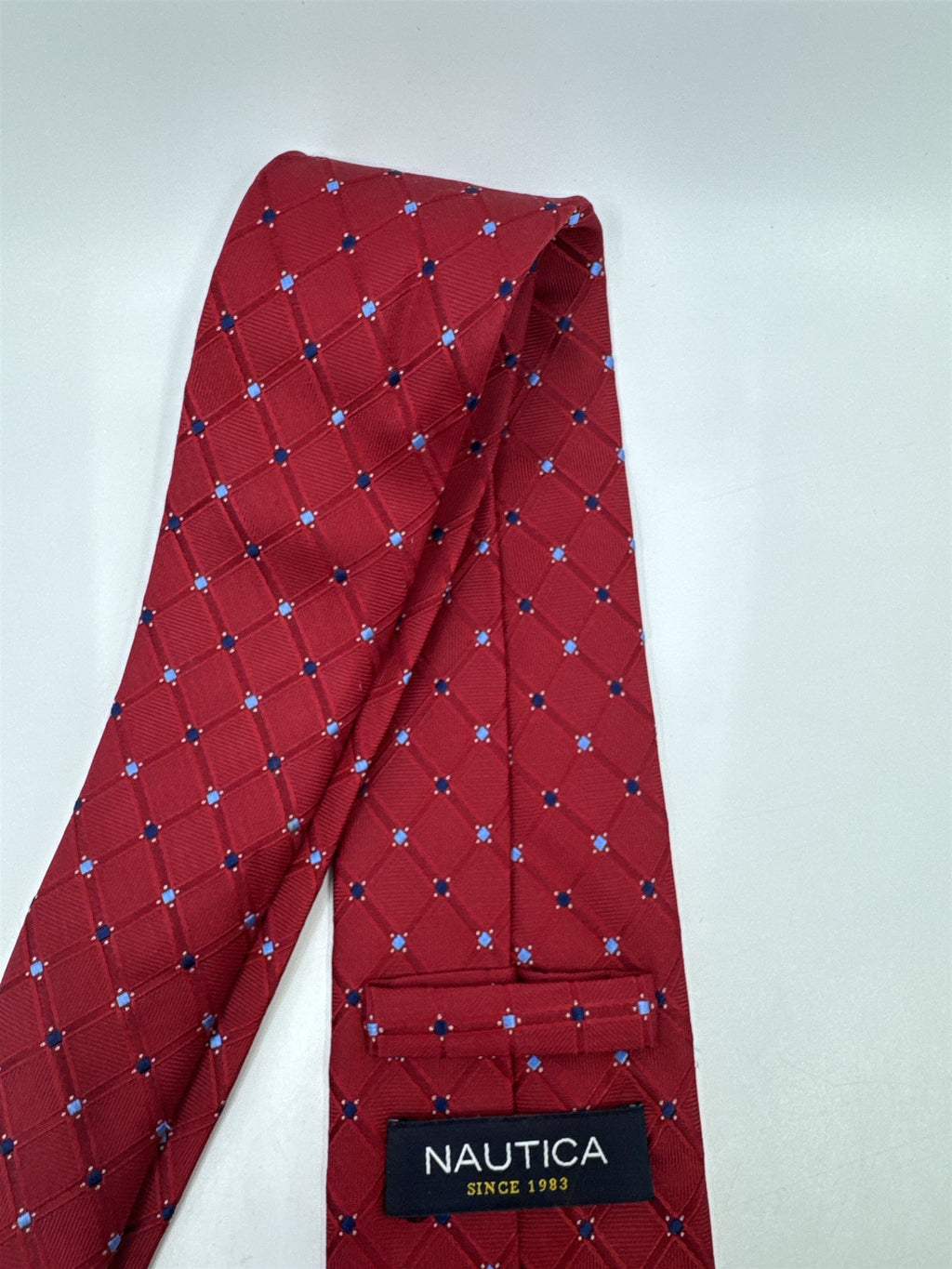 Nautica Since 1983 Red Men's Neck Tie With Small Blue Squares
