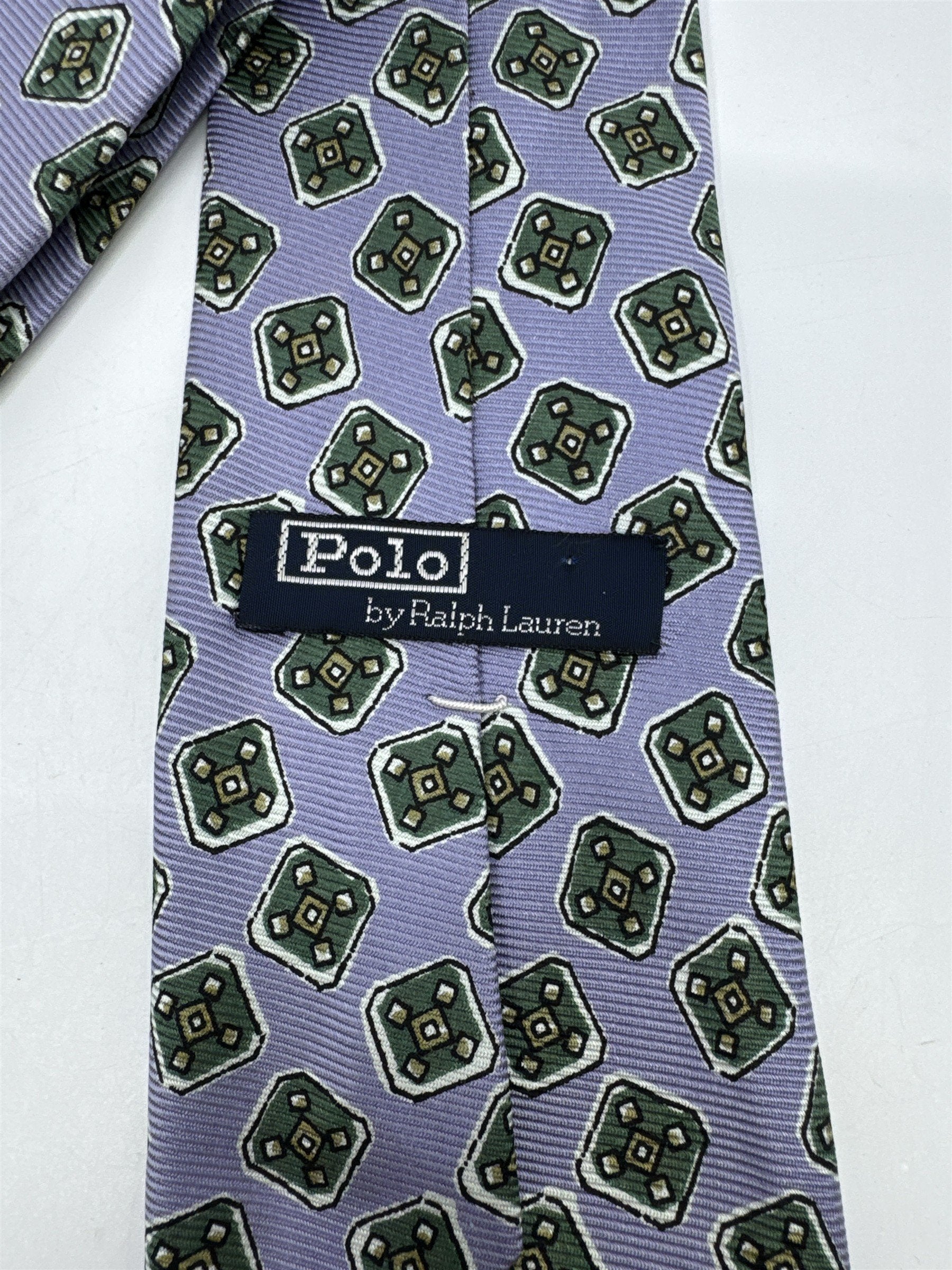 Light Blue Men's Neck Tie W/ Green Blocks Polo Ralph Lauren