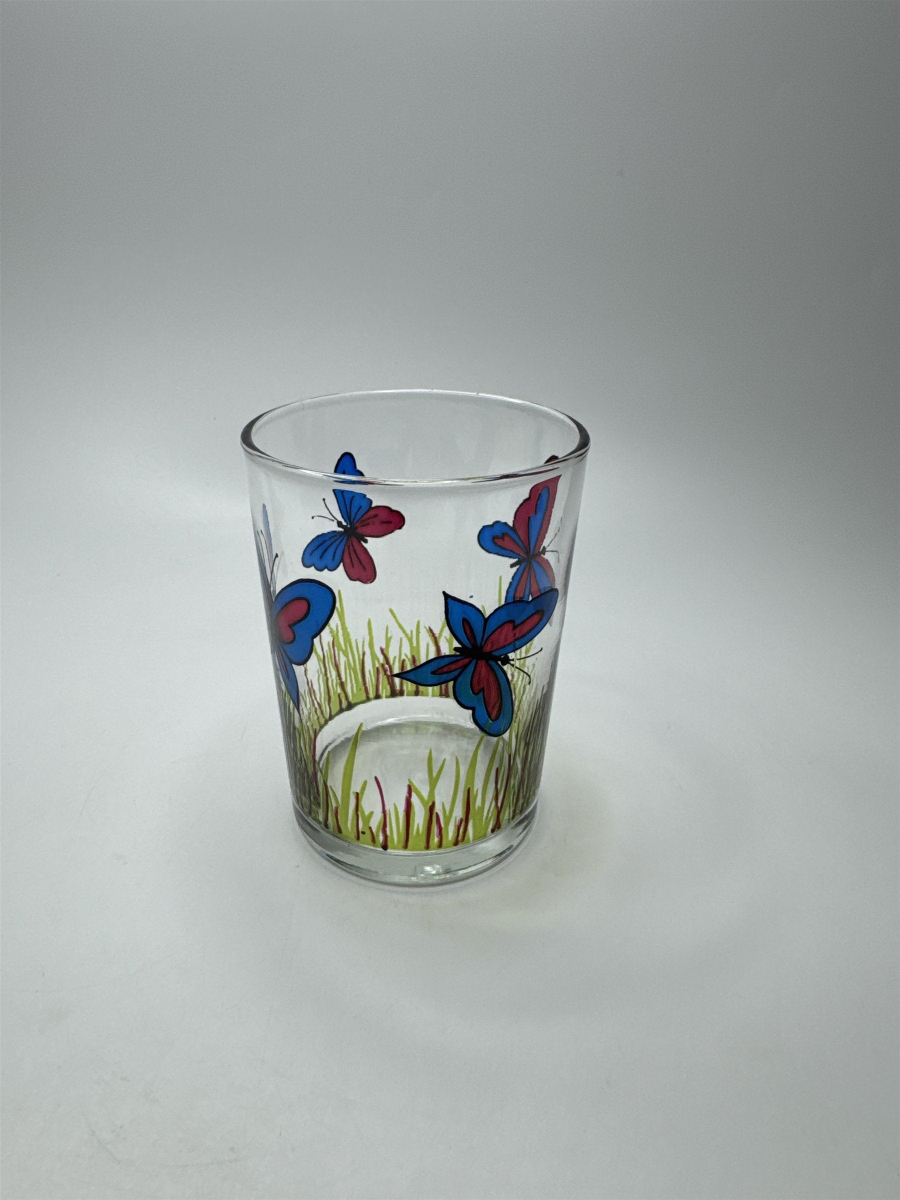 VINTAGE Libbey Juice Glass Butterflies & Grass Pattern Mid Century Modern