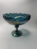 Large Indiana Iridescent Blue Carnival Glass Garland Fruit Bowl Pedestal Compote