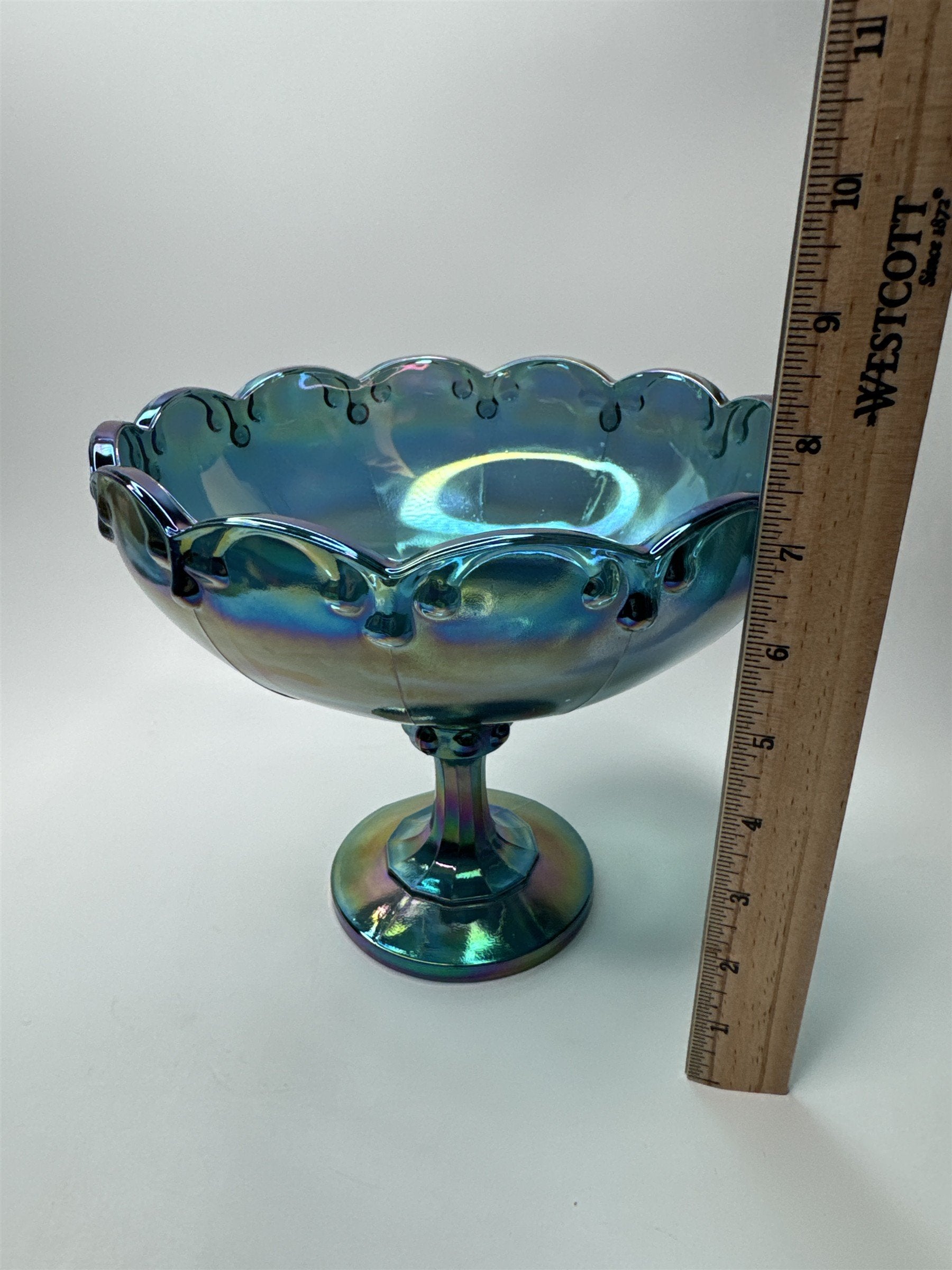 Large Indiana Iridescent Blue Carnival Glass Garland Fruit Bowl Pedestal Compote