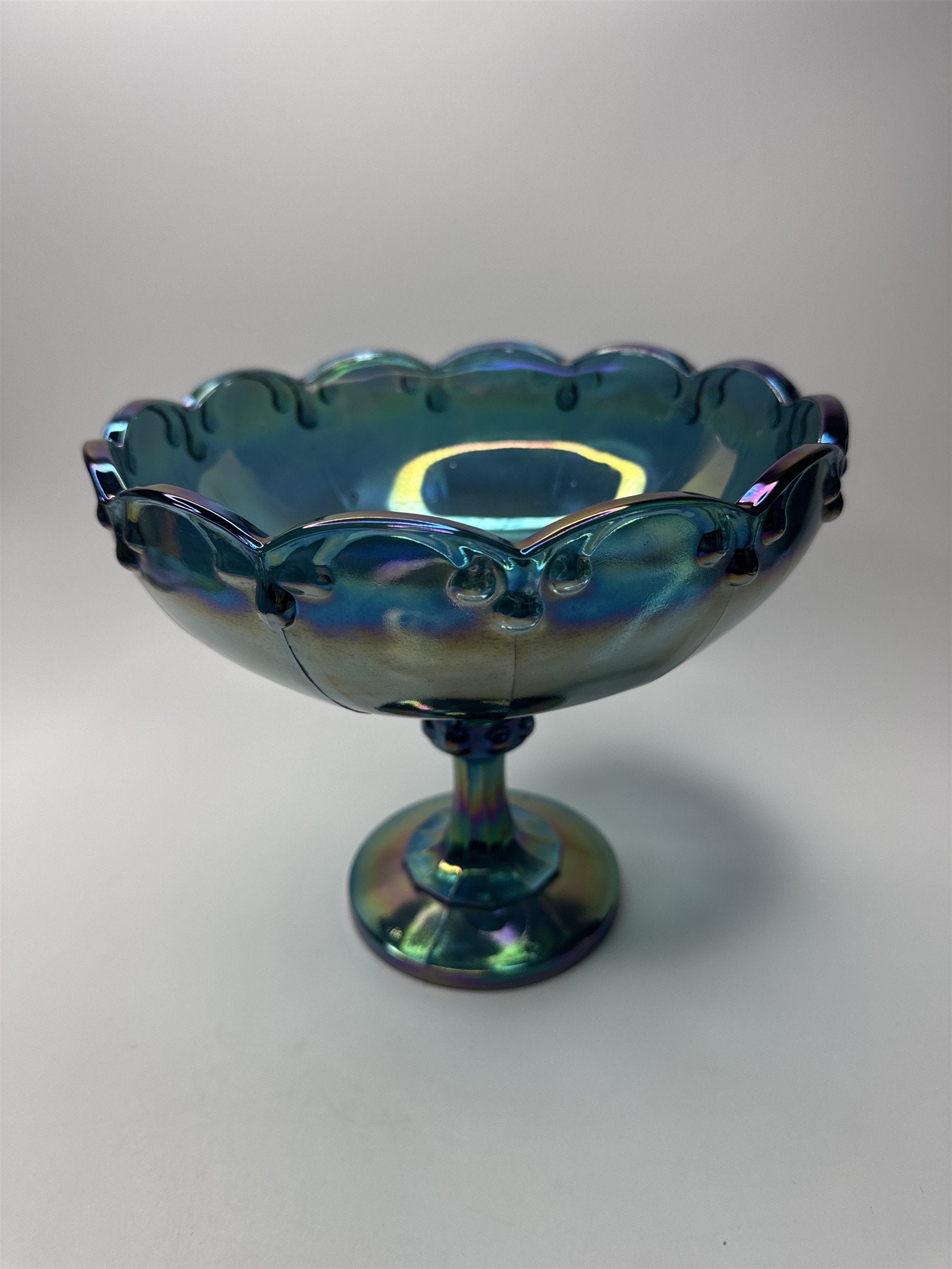Large Indiana Iridescent Blue Carnival Glass Garland Fruit Bowl Pedestal Compote