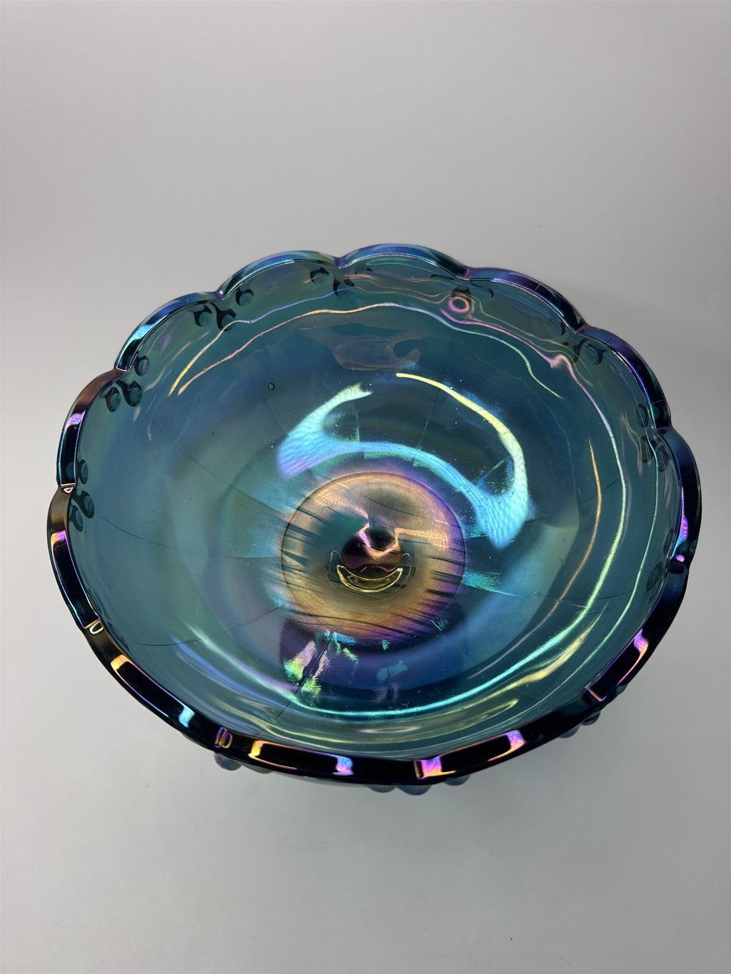 Large Indiana Iridescent Blue Carnival Glass Garland Fruit Bowl Pedestal Compote