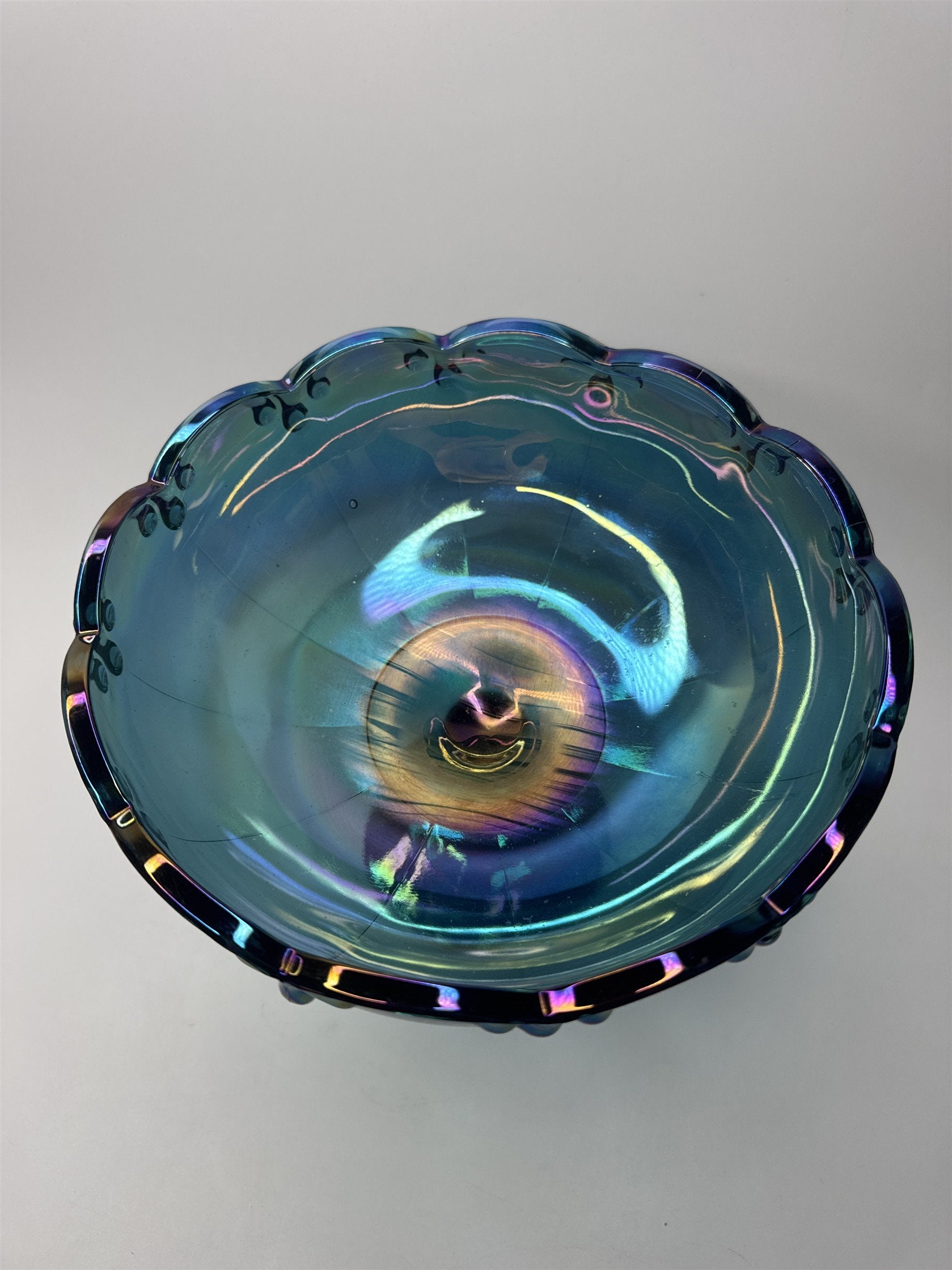 Large Indiana Iridescent Blue Carnival Glass Garland Fruit Bowl Pedestal Compote