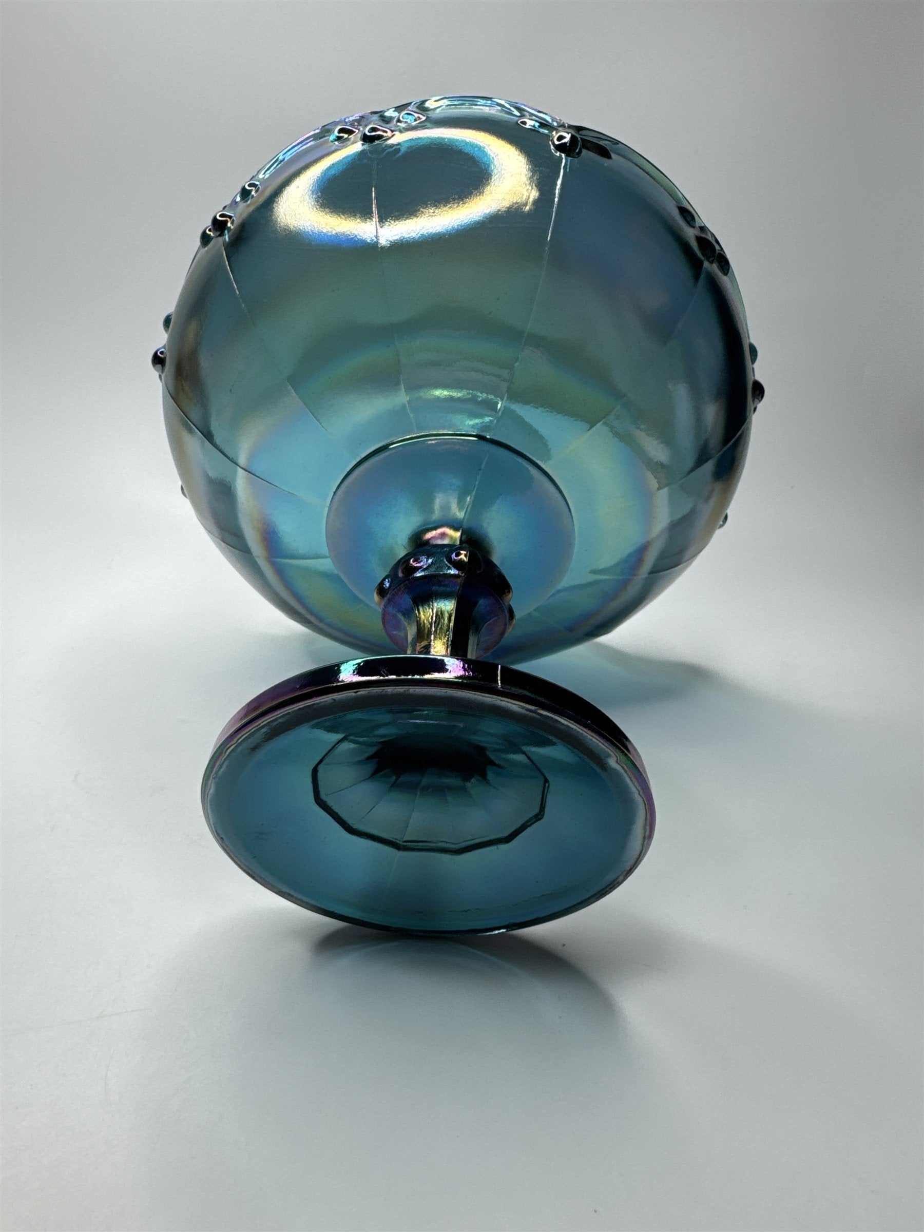Large Indiana Iridescent Blue Carnival Glass Garland Fruit Bowl Pedestal Compote