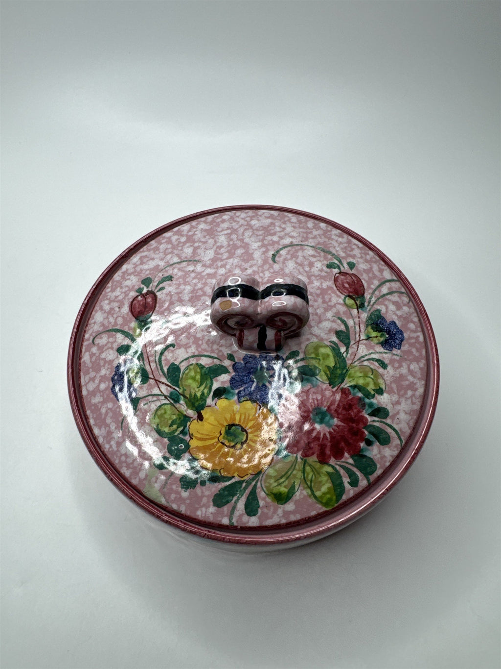 Vintage Handmade Italian Pink Marbled Floral Covered Jewelry Trinket Dish Heart